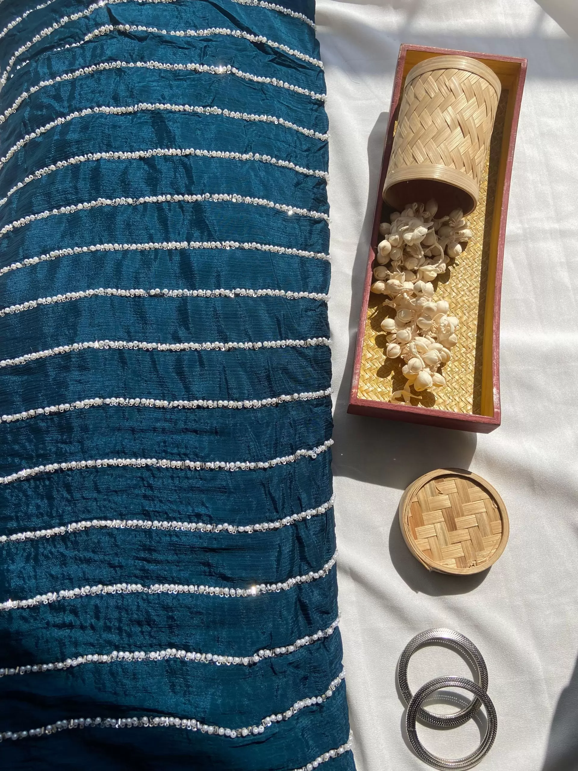 Teal Blue Pure Chinon Fabric with pearl Hand Embroidery and Stripe Pattern”
