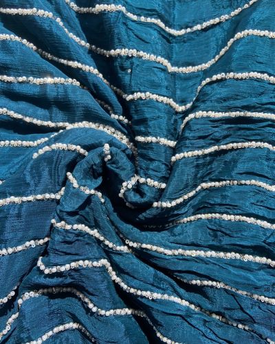 Teal Blue Pure Chinon Fabric with pearl Hand Embroidery and Stripe Pattern”