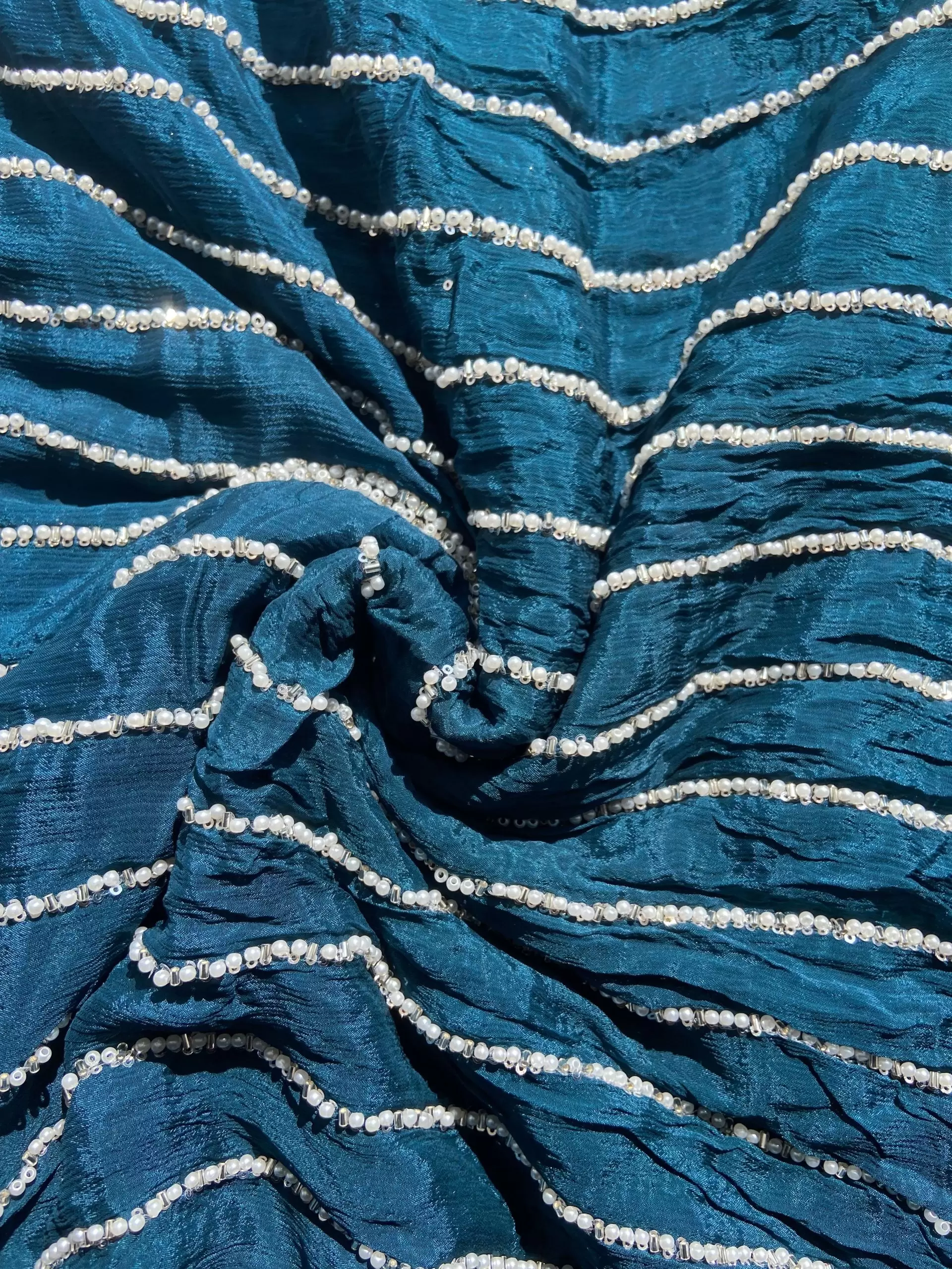 Teal Blue Pure Chinon Fabric with pearl Hand Embroidery and Stripe Pattern”