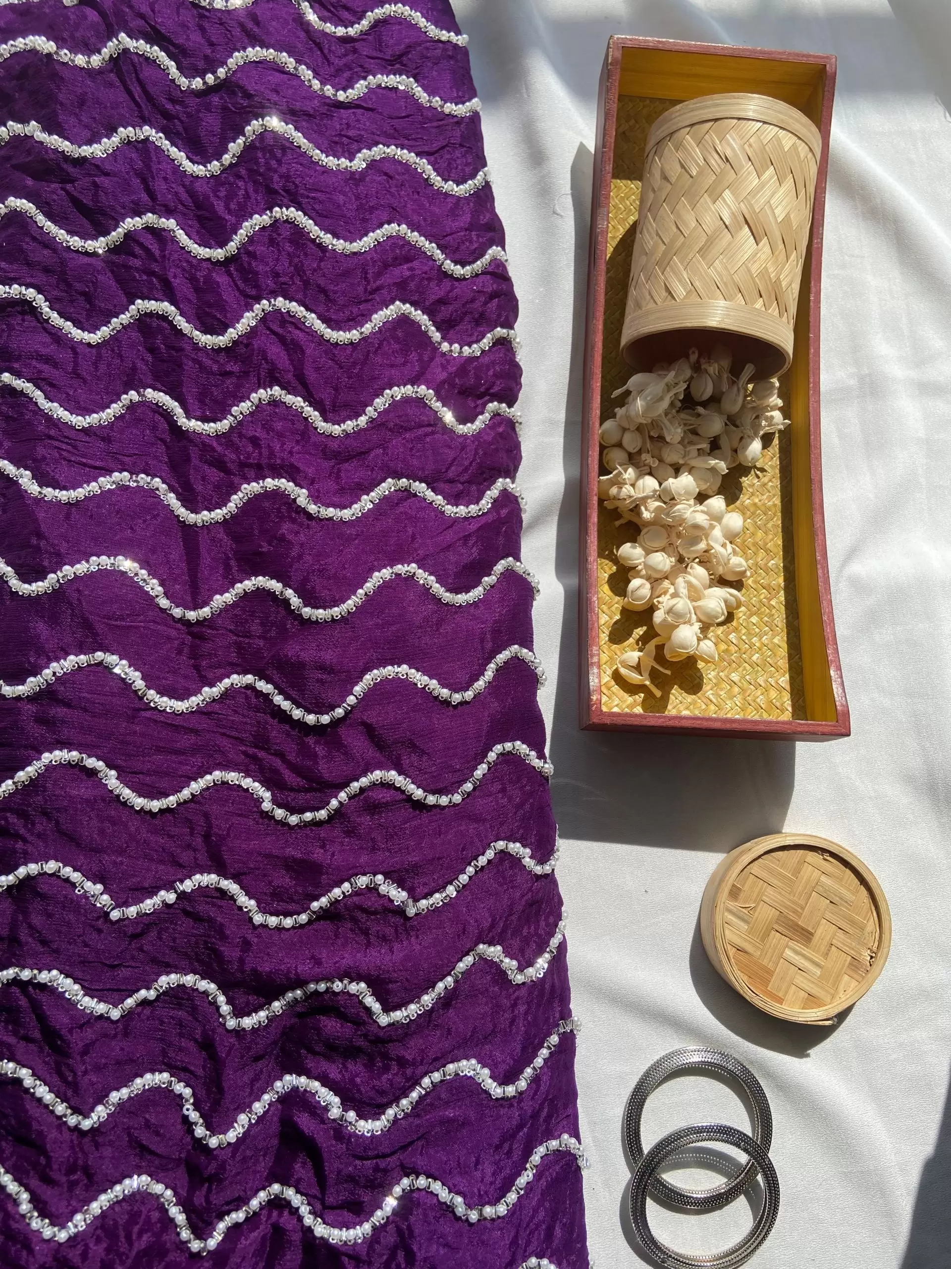 Purple Pure Chinon Fabric with pearl Hand Embroidery and Zig Zag Pattern