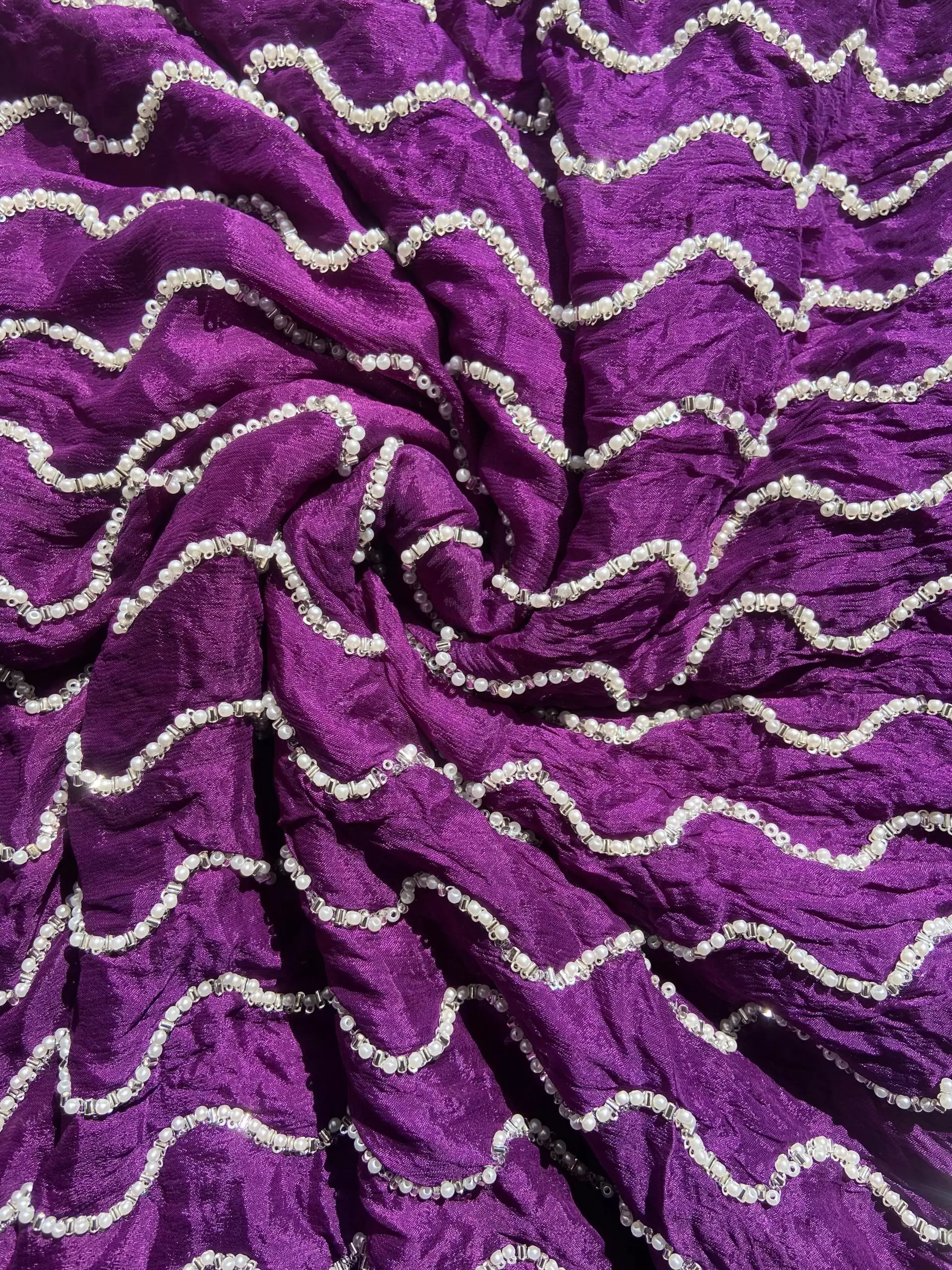 Purple Pure Chinon Fabric with pearl Hand Embroidery and Zig Zag Pattern