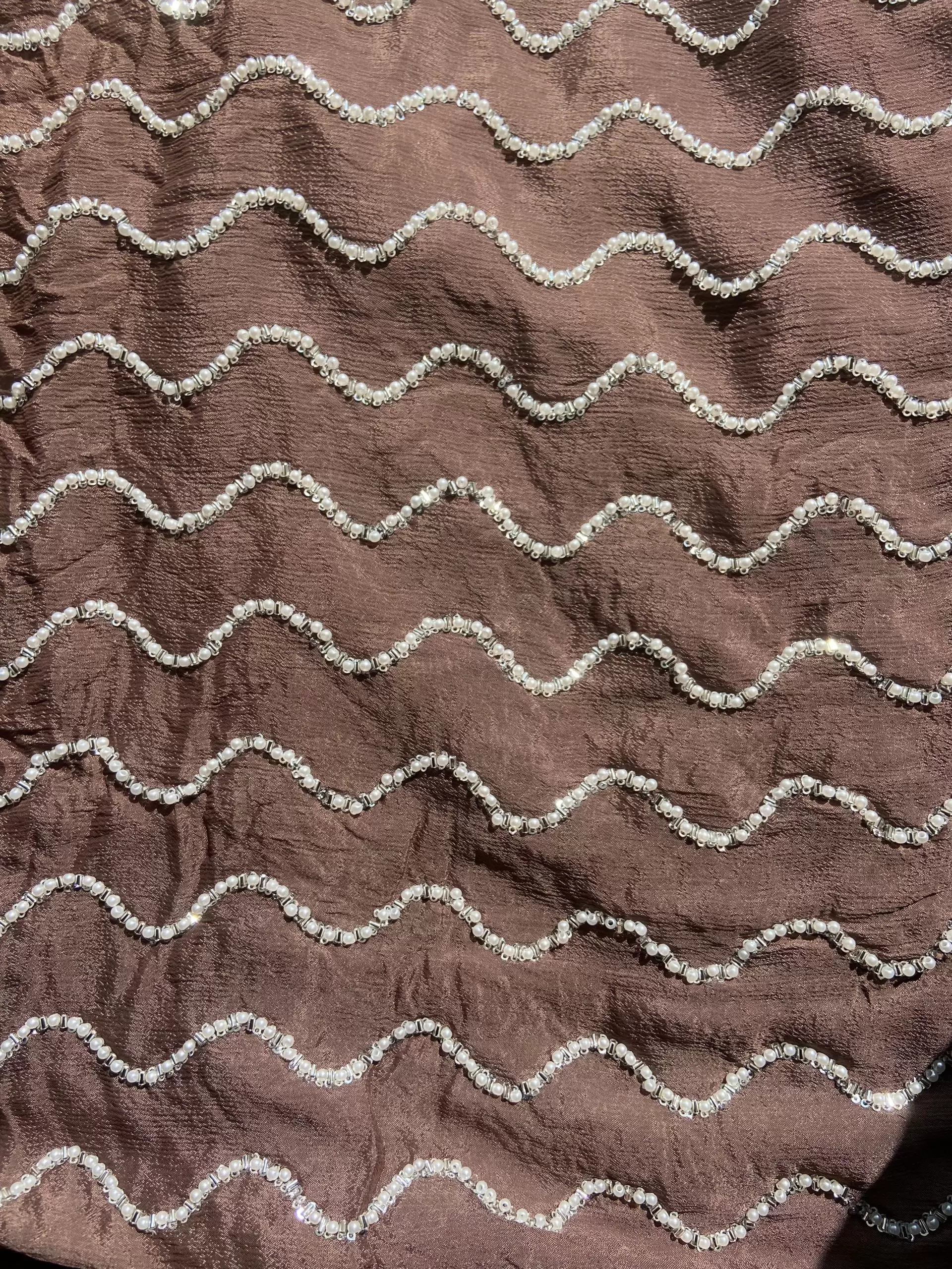 Brown Pure Chinon Fabric with pearl Hand Embroidery and Zig Zag Pattern