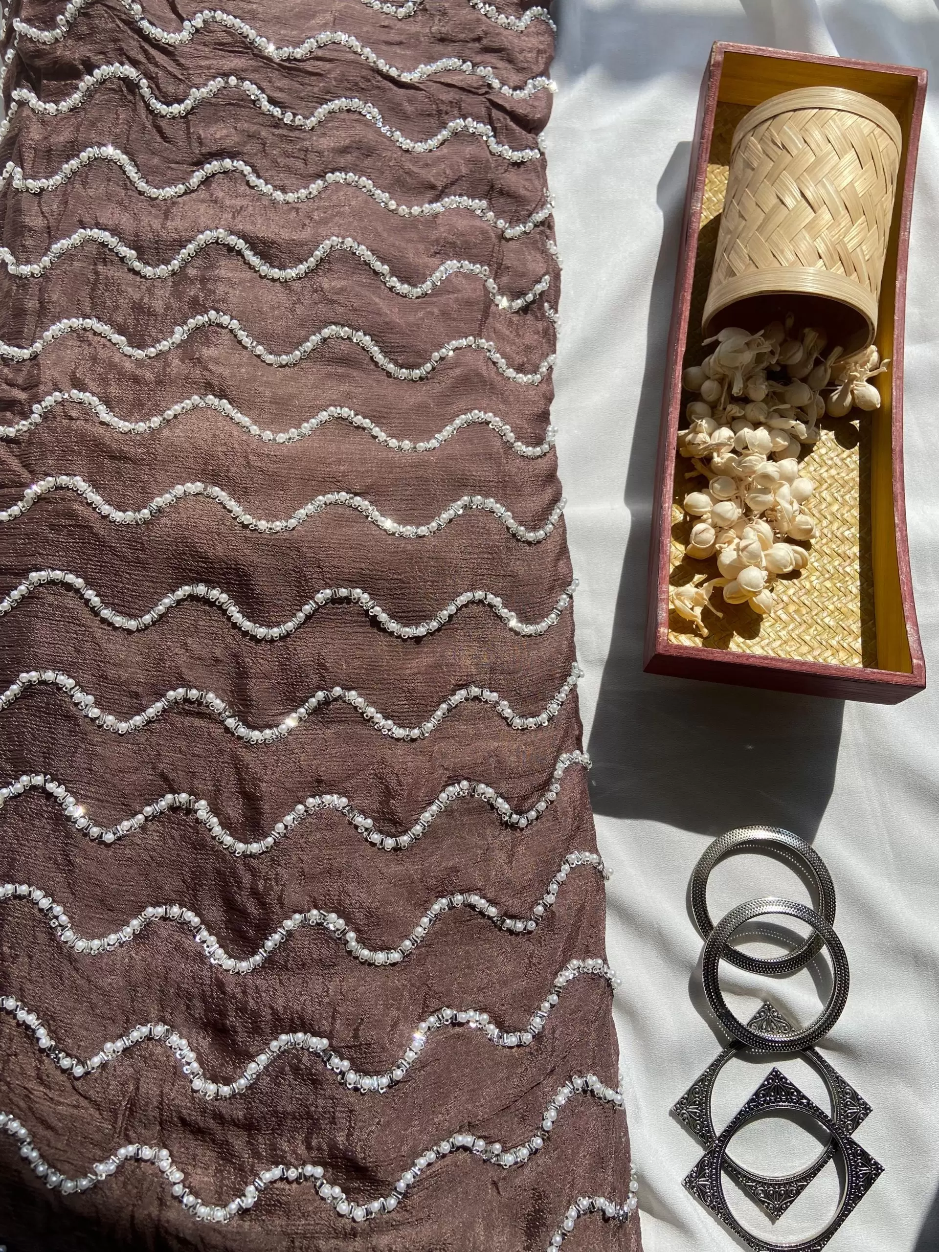 Brown Pure Chinon Fabric with pearl Hand Embroidery and Zig Zag Pattern