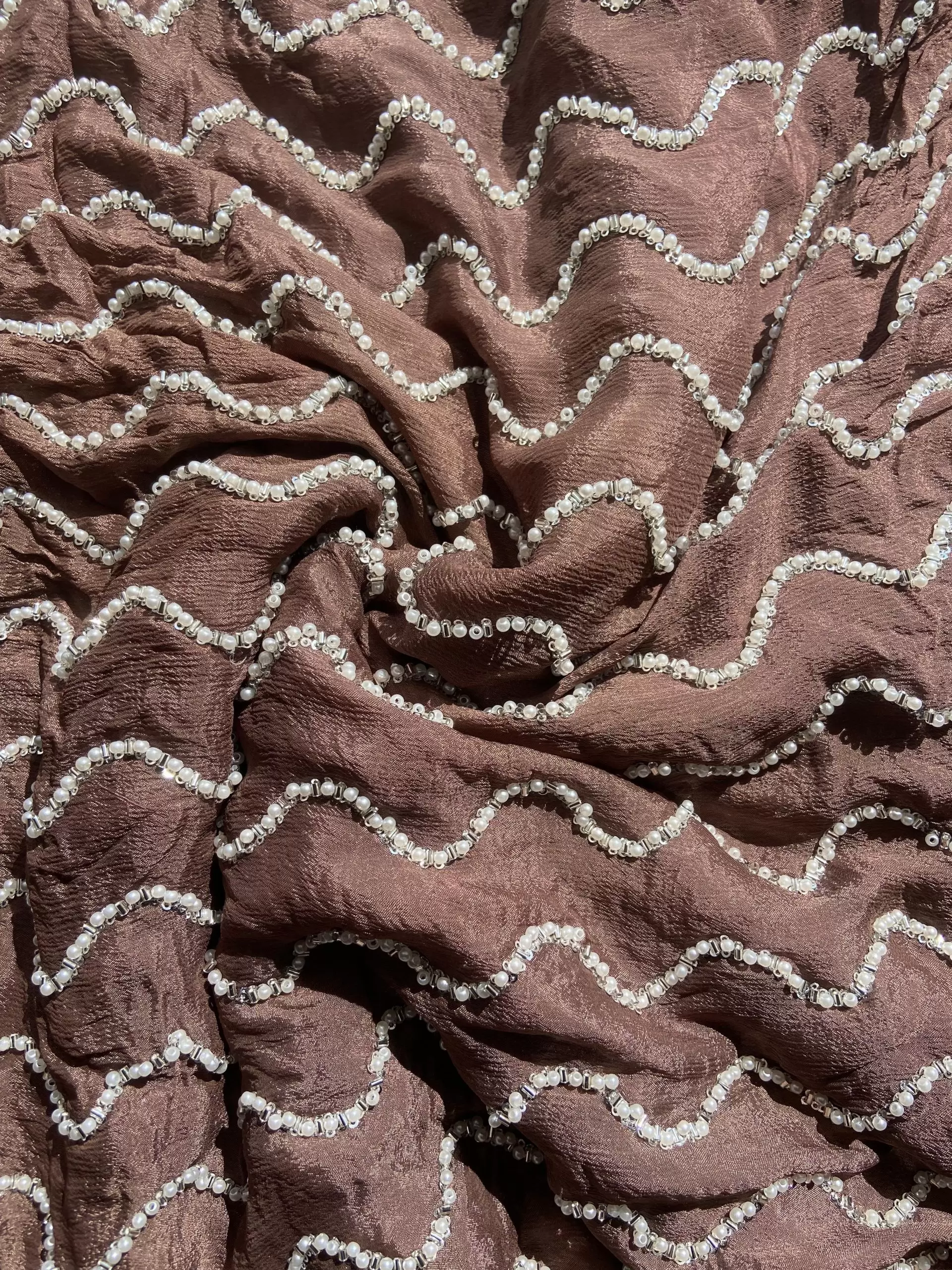 Brown Pure Chinon Fabric with pearl Hand Embroidery and Zig Zag Pattern