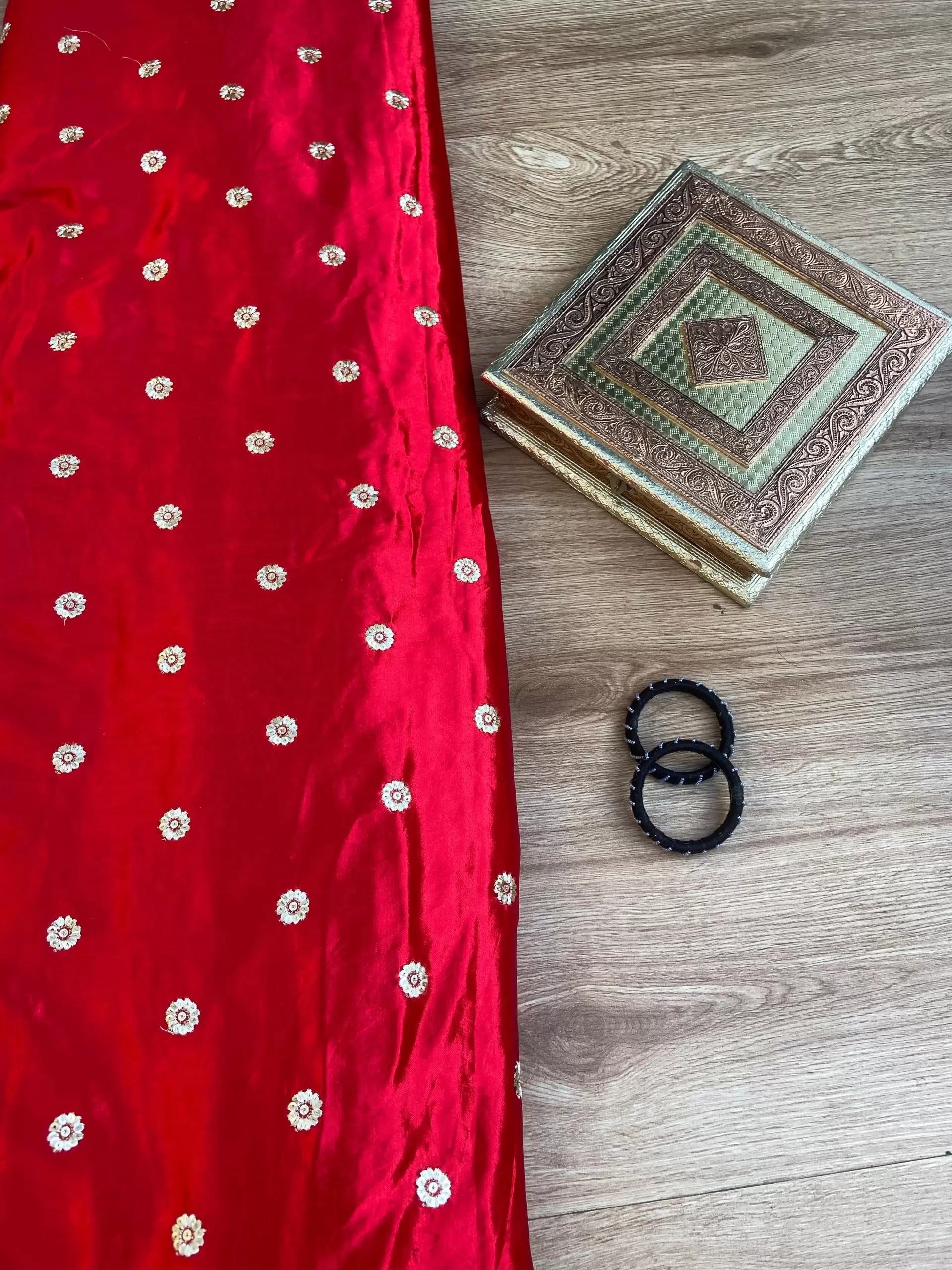 Red Pure Gaji Silk Fabric On Buti Zari Embroidery