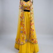 Vibrant Yellow Embroidered Crop Top with Skirt and Sheer Floral Shrug