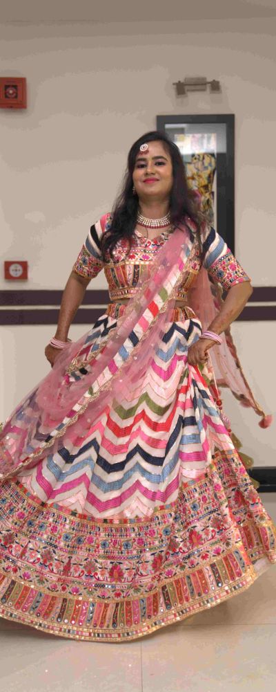 Vibrant Multicolor Chevron & Embroidered Lehenga Set with Mirror Work & Pink Net Dupatta