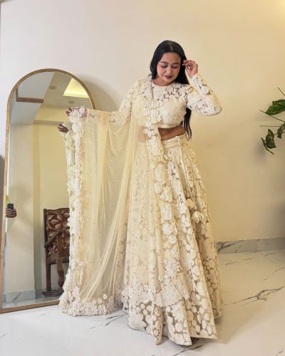 Floral Thread & Sequin Embroidery on Off White Lehenga Set