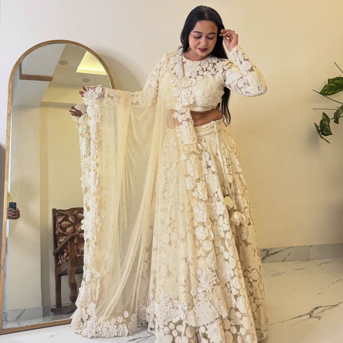 Floral Thread & Sequin Embroidery on Off White Lehenga Set
