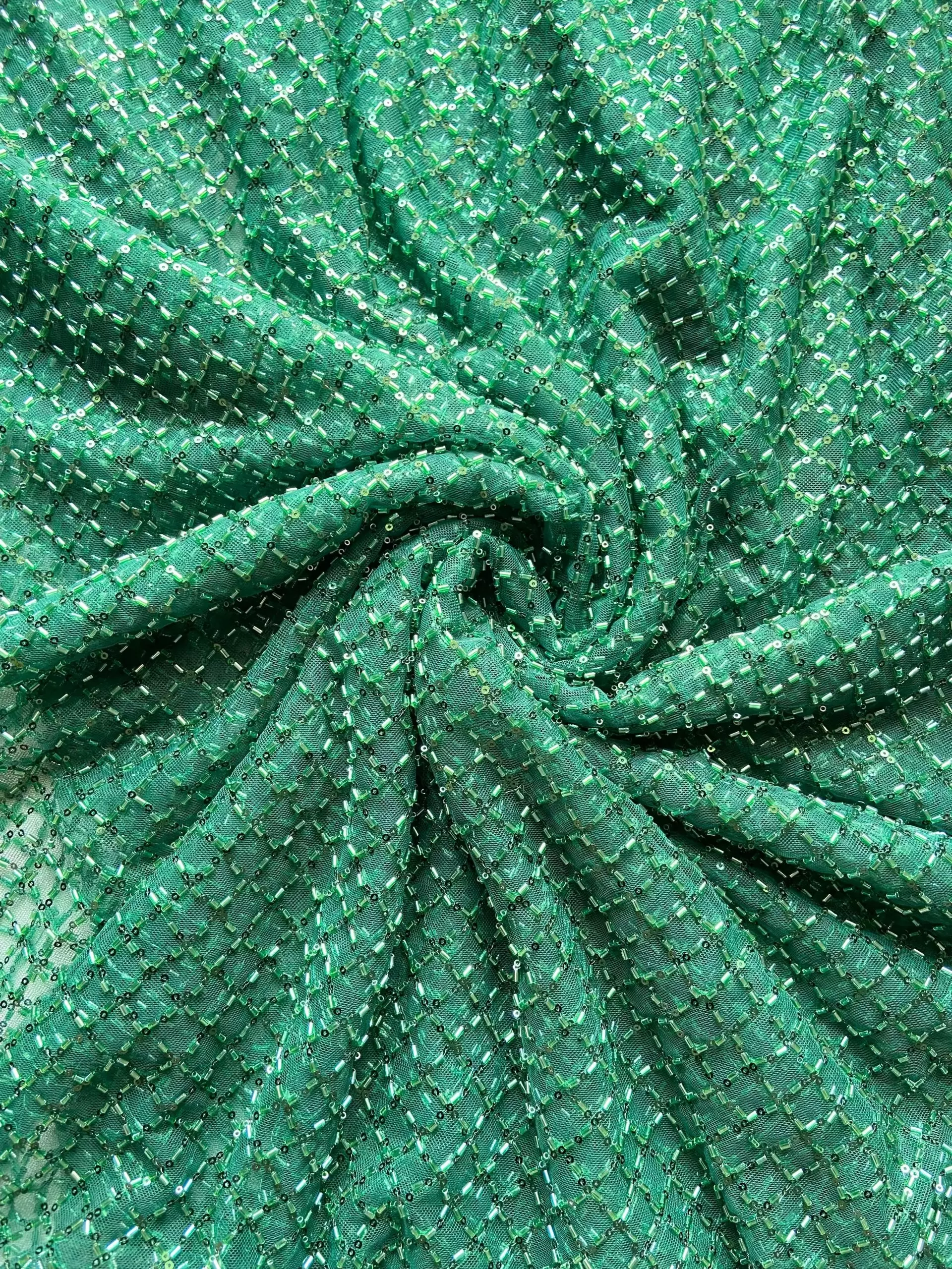 Hand Nalki Embroidery On Bottle Green Imported Net fabric