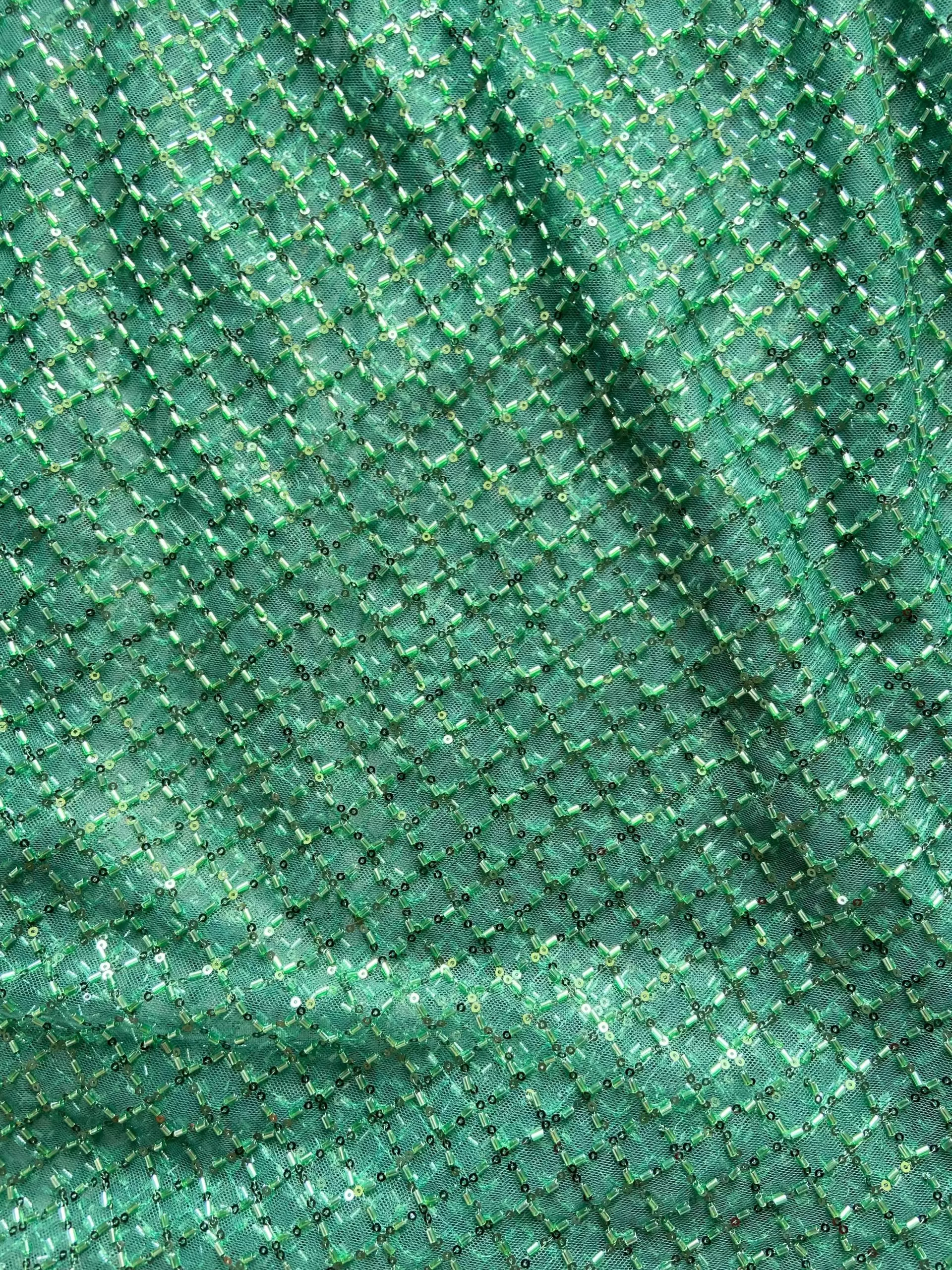 Hand Nalki Embroidery On Bottle Green Imported Net fabric