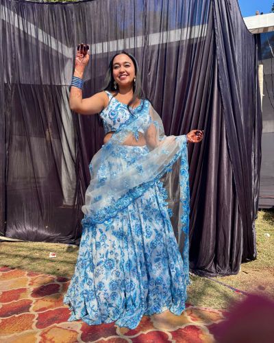 Blue thread and sequin floral embroidered Lehenga Set