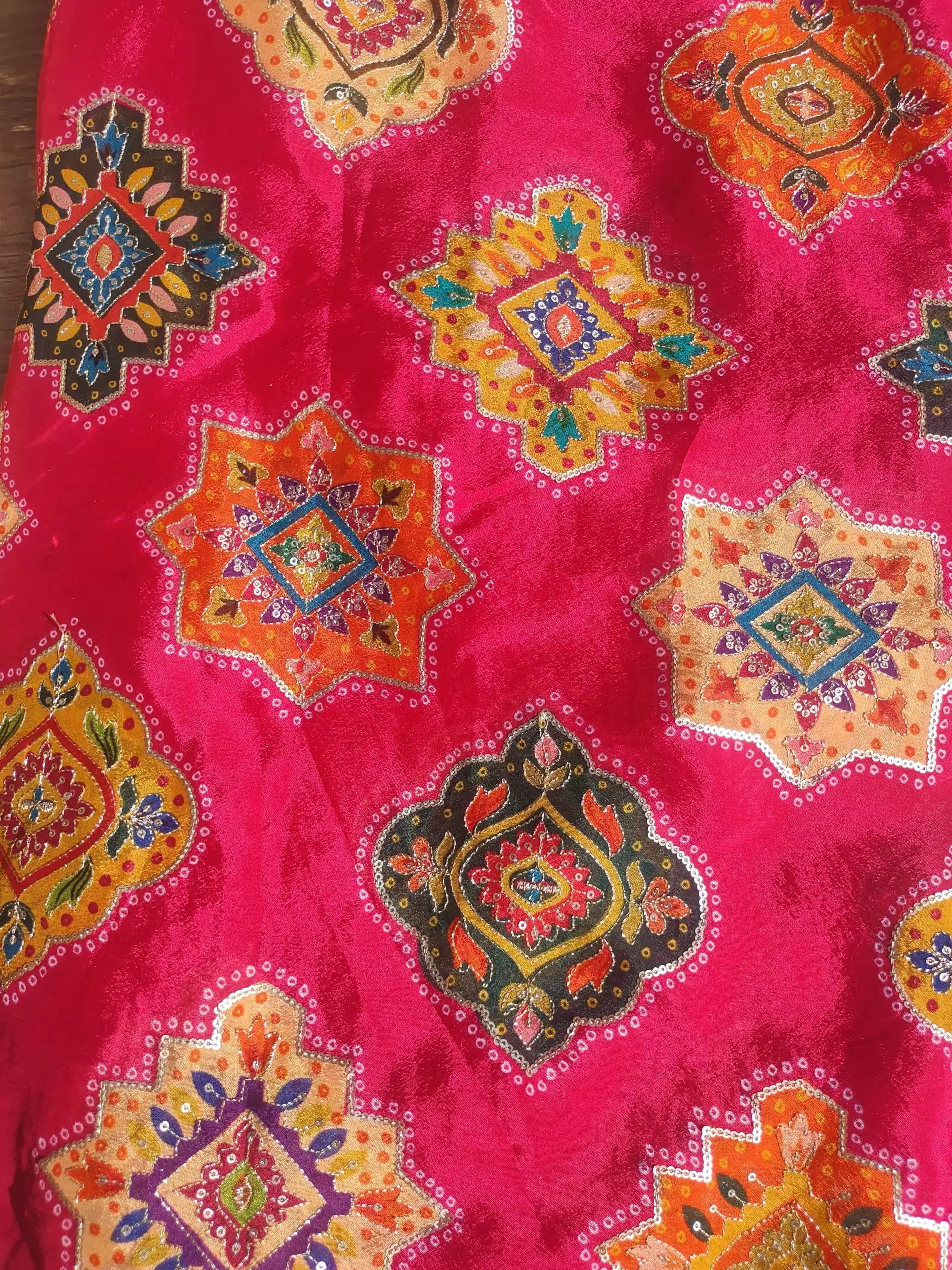 Traditional Buta Print with Sequin & Zari Highlights on Rani Pink Pure Crepe Fabric