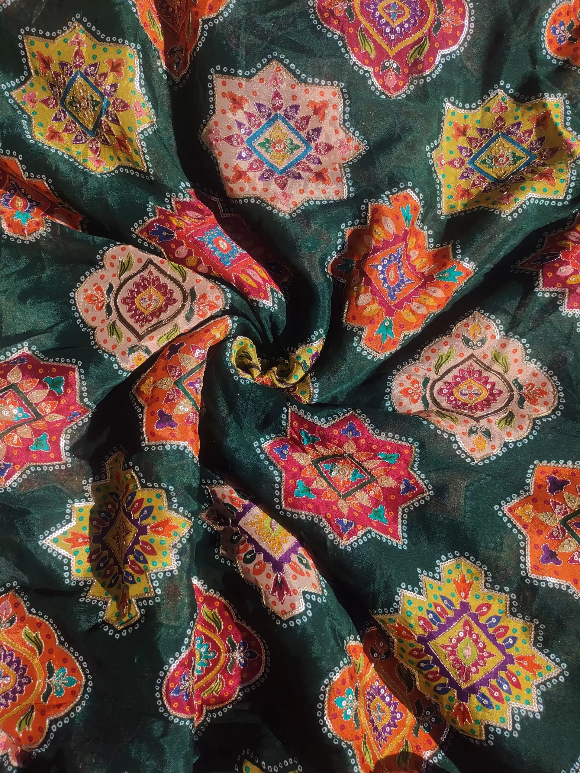 Traditional Buta Print with Sequin & Zari Highlights on Bottle Green Pure Crepe Fabric