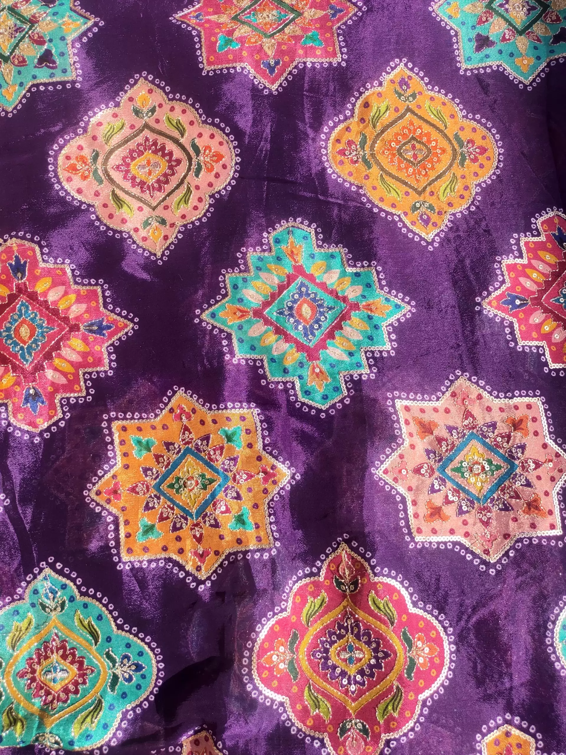 Traditional Buta Print with Sequin & Zari Highlights on Dark Purple Pure Crepe Fabric