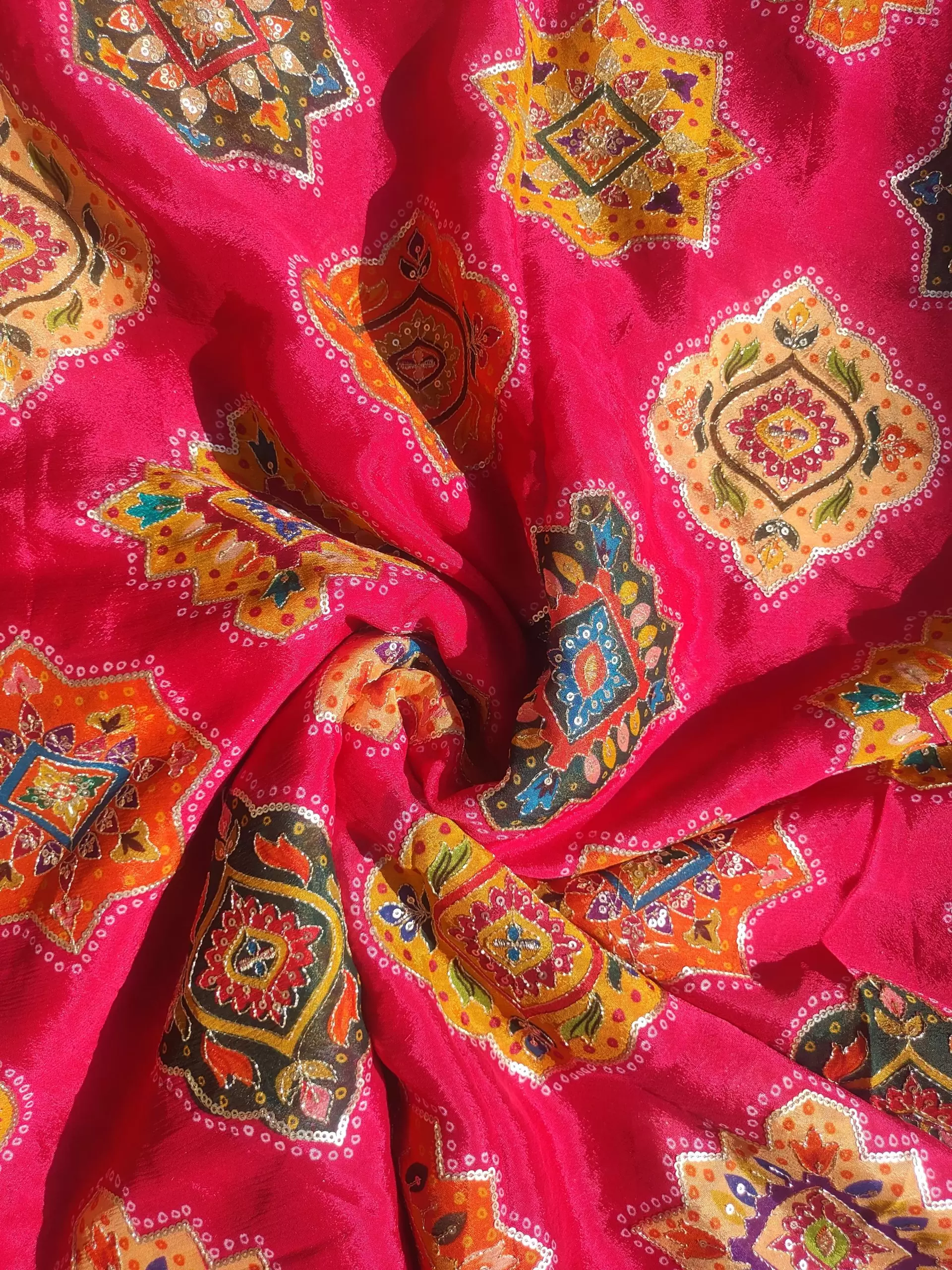 Traditional Buta Print with Sequin & Zari Highlights on Rani Pink Pure Crepe Fabric