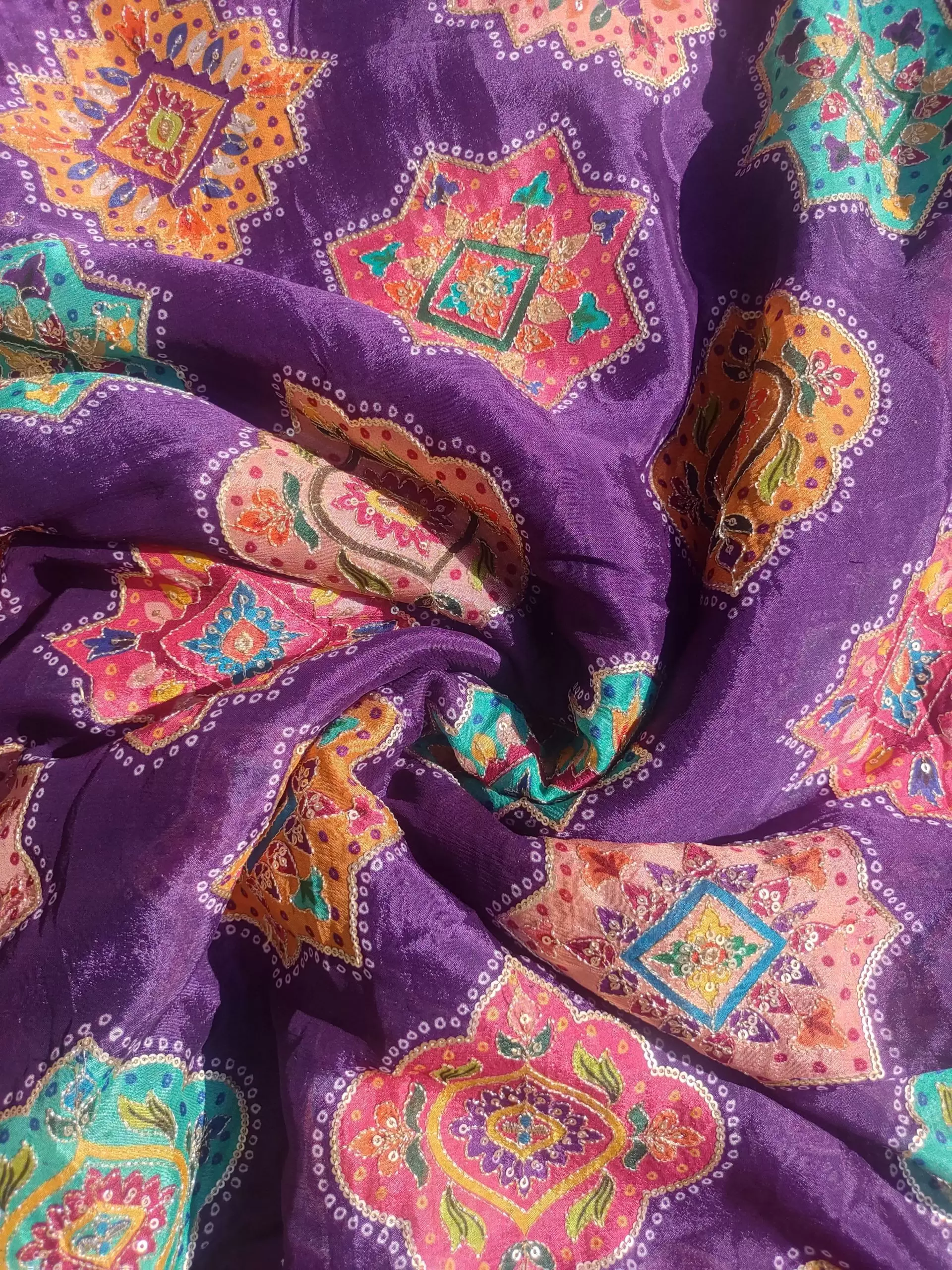 Traditional Buta Print with Sequin & Zari Highlights on Dark Purple Pure Crepe Fabric