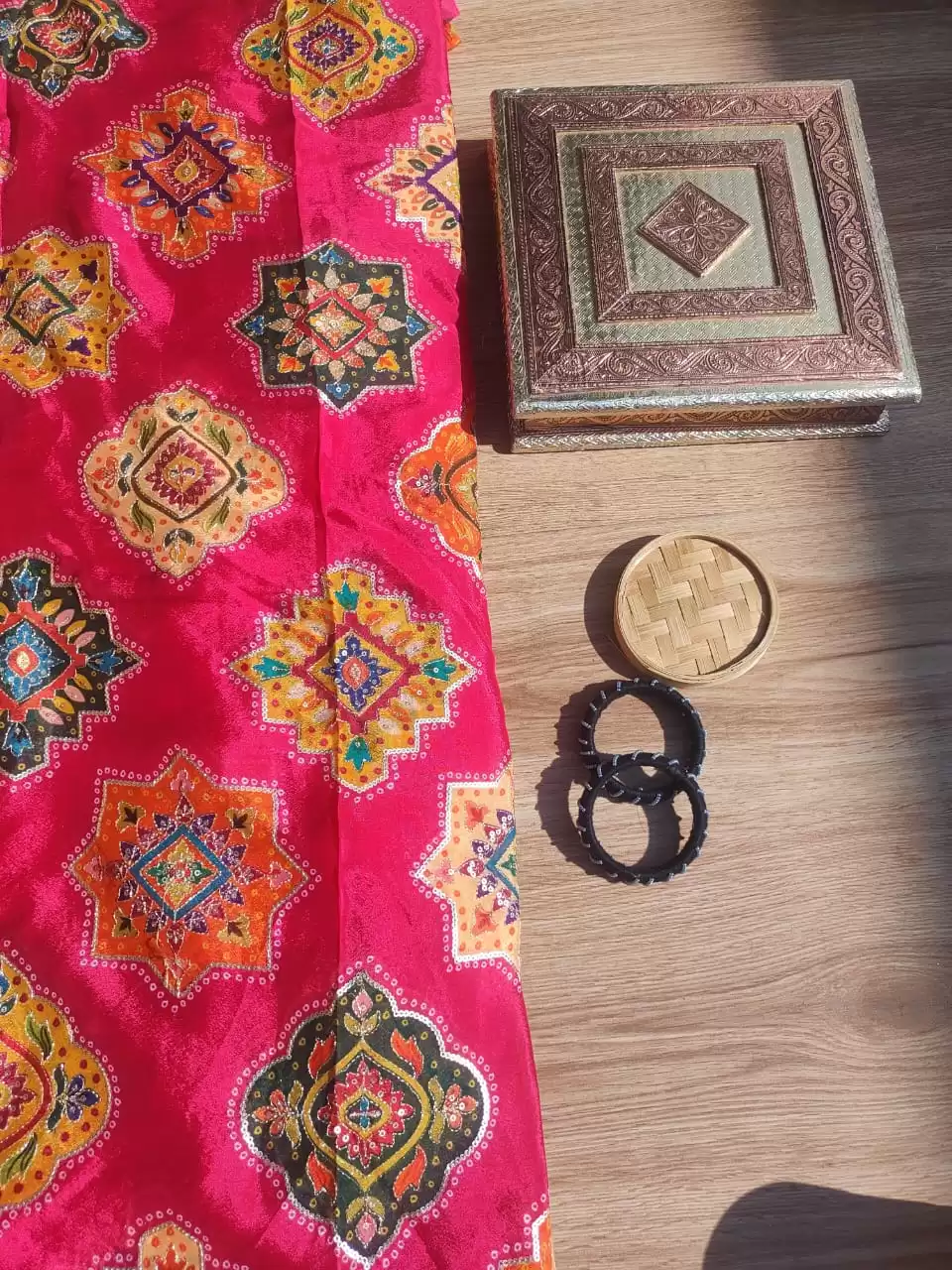 Traditional Buta Print with Sequin & Zari Highlights on Rani Pink Pure Crepe Fabric