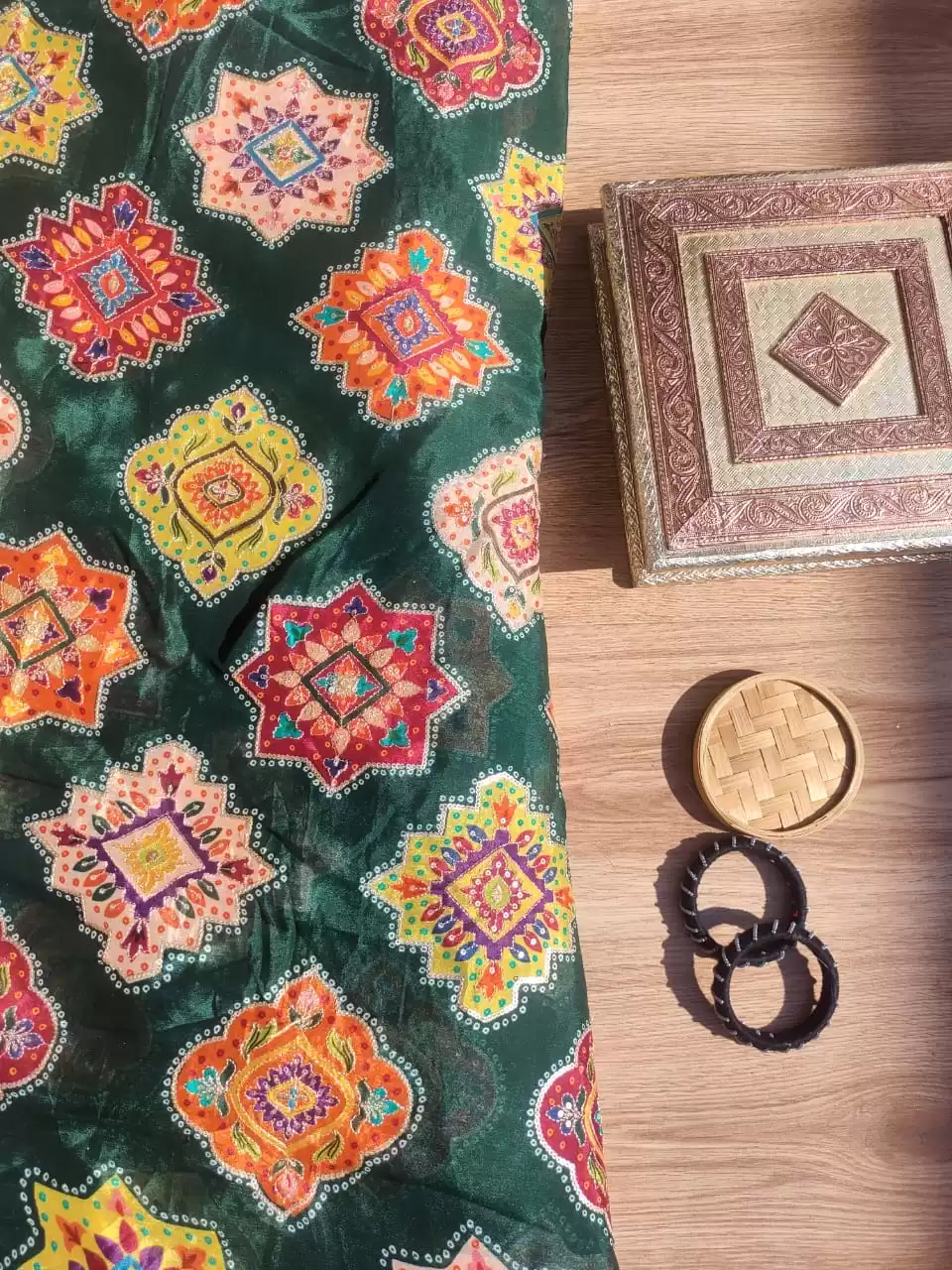 Traditional Buta Print with Sequin & Zari Highlights on Bottle Green Pure Crepe Fabric