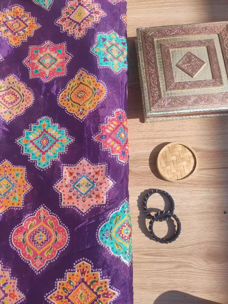 Traditional Buta Print with Sequin & Zari Highlights on Dark Purple Pure Crepe Fabric