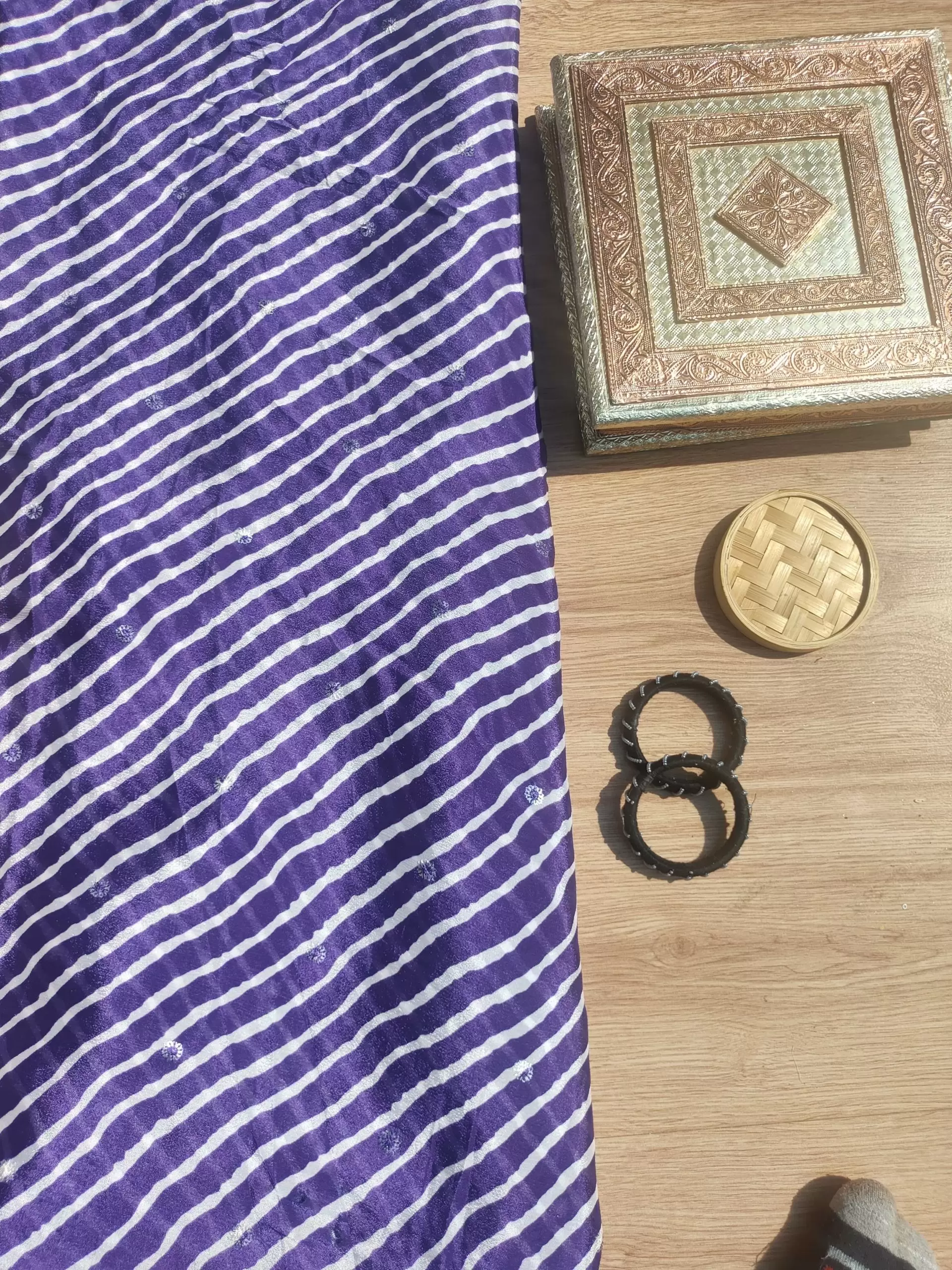 Bandhej Leheriya Printed in Purple Pure Crape On Buti Fabric