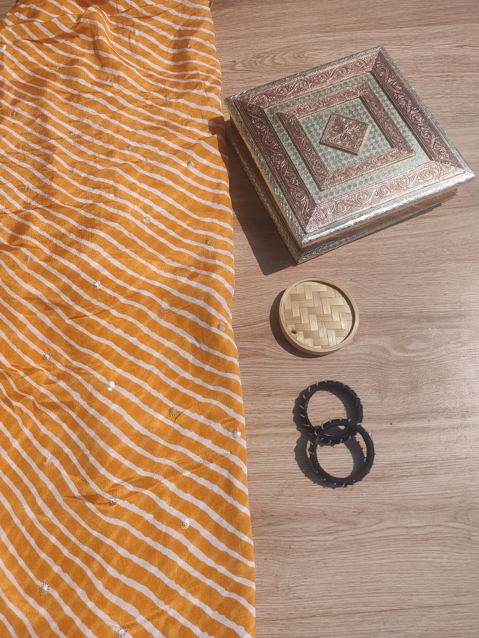 Bandhej Lheriya Printed in Mustard Yellow Pure Crape On Buti Fabric