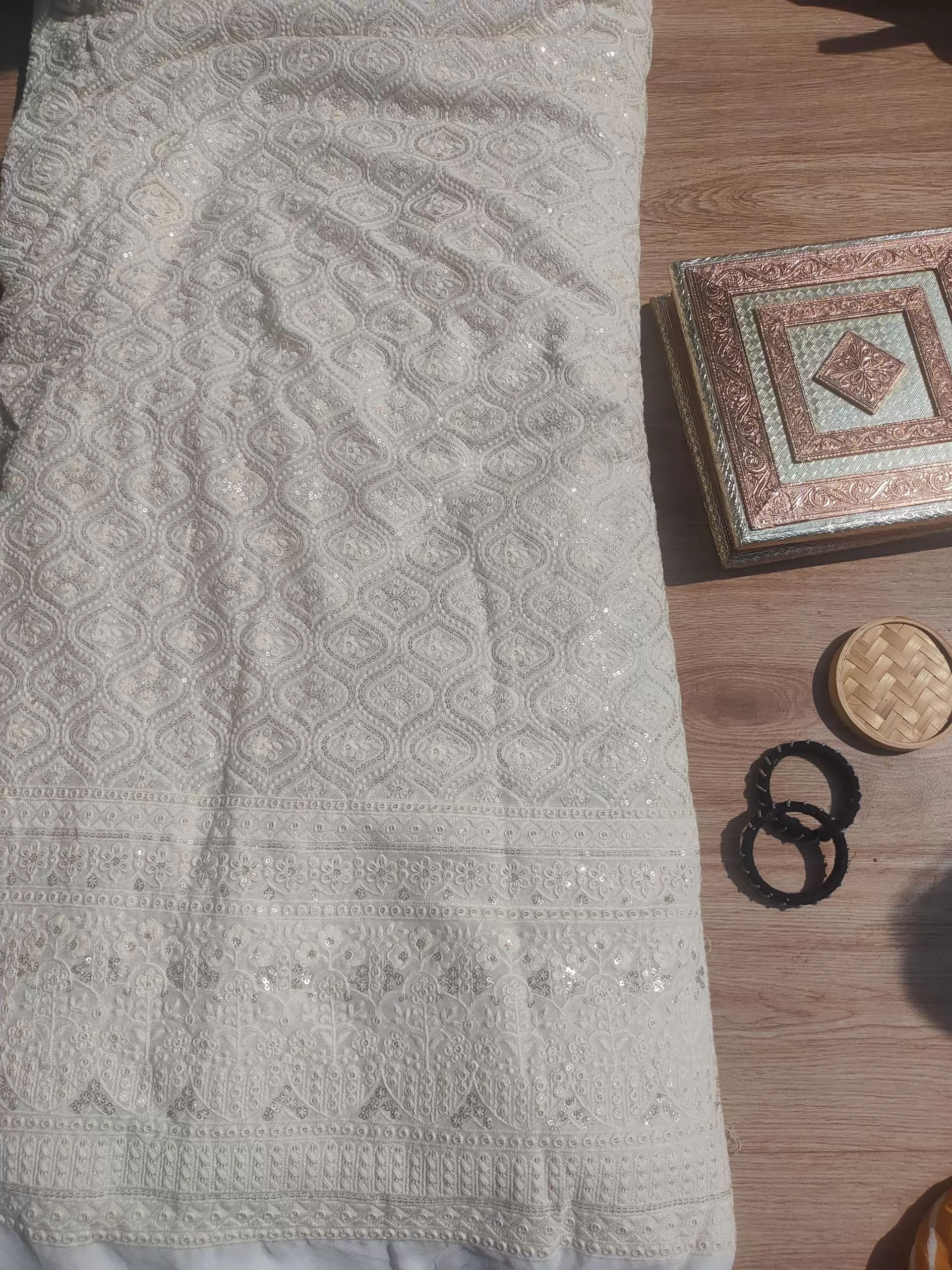 Thread and Sequin Embroidery On White Georgette Fabric