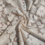 Floral Thread & Sequin Embroidery on Off White Wide Net Fabric