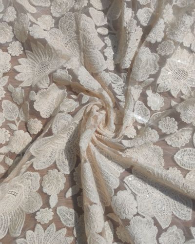 Floral Thread & Sequin Embroidery on Off White Wide Net Fabric