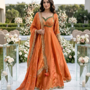 Orange Cosmos Tissue Silk Anarkali With Heavy Dupatta