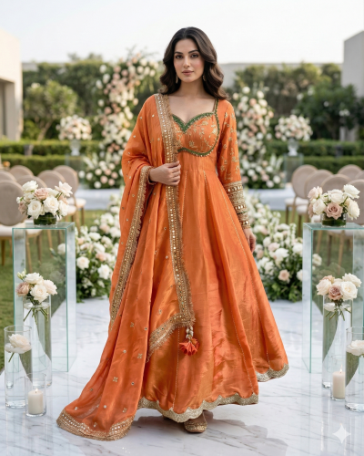 Orange Cosmos Tissue Silk Anarkali With Heavy Dupatta