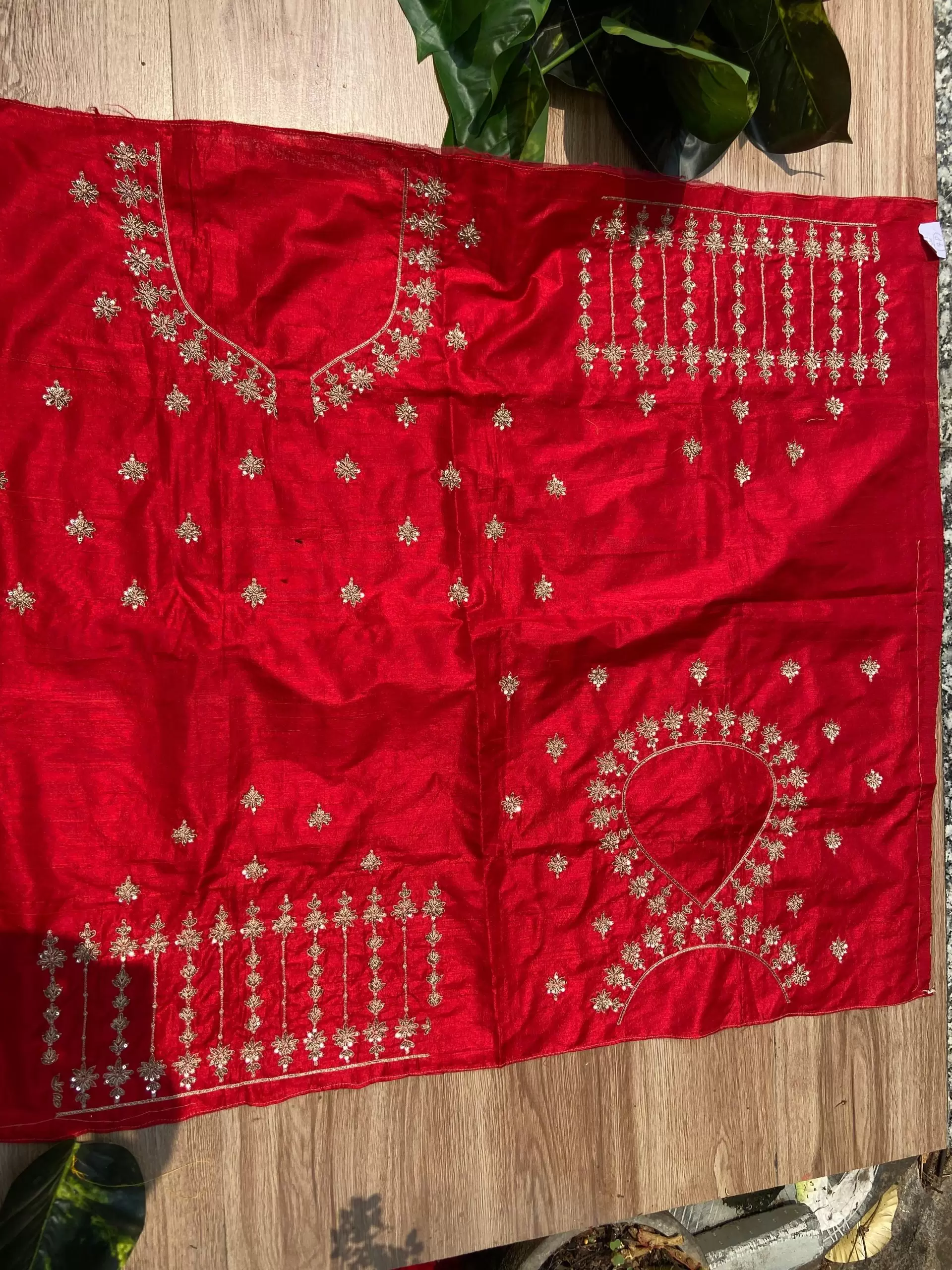 Heavy Zardozi Hand Embroidery & Buti Work On Red Unstitched Silk Blouse Piece