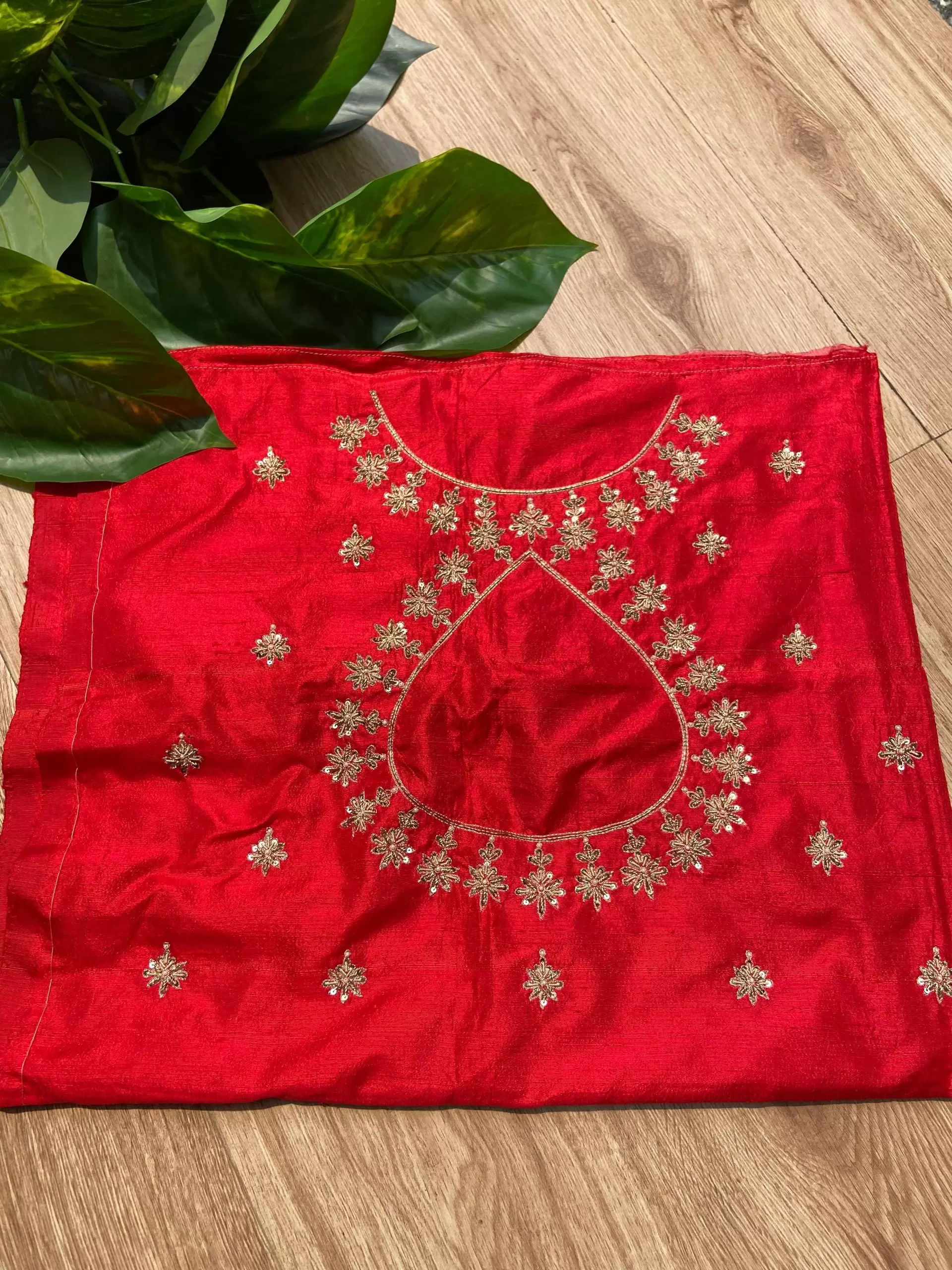 Heavy Zardozi Hand Embroidery & Buti Work On Red Unstitched Silk Blouse Piece