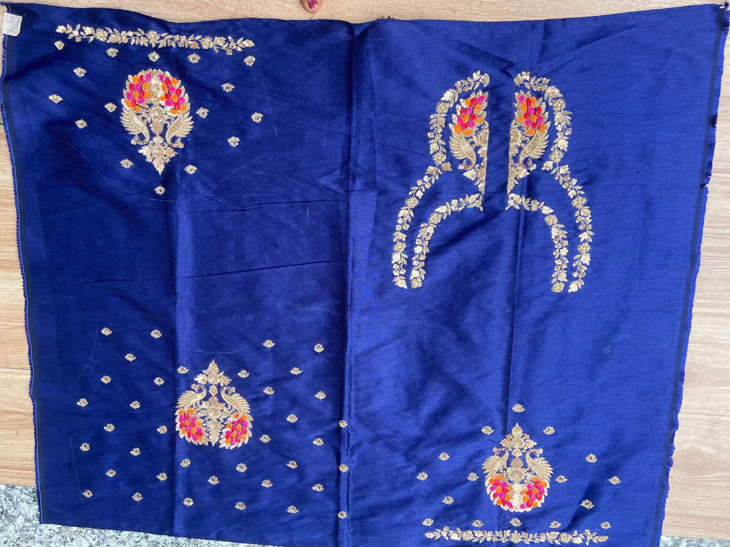 Heavy zardozi and Thread Embroidered On Navy Blue Silk Unstitched Blouse Piece