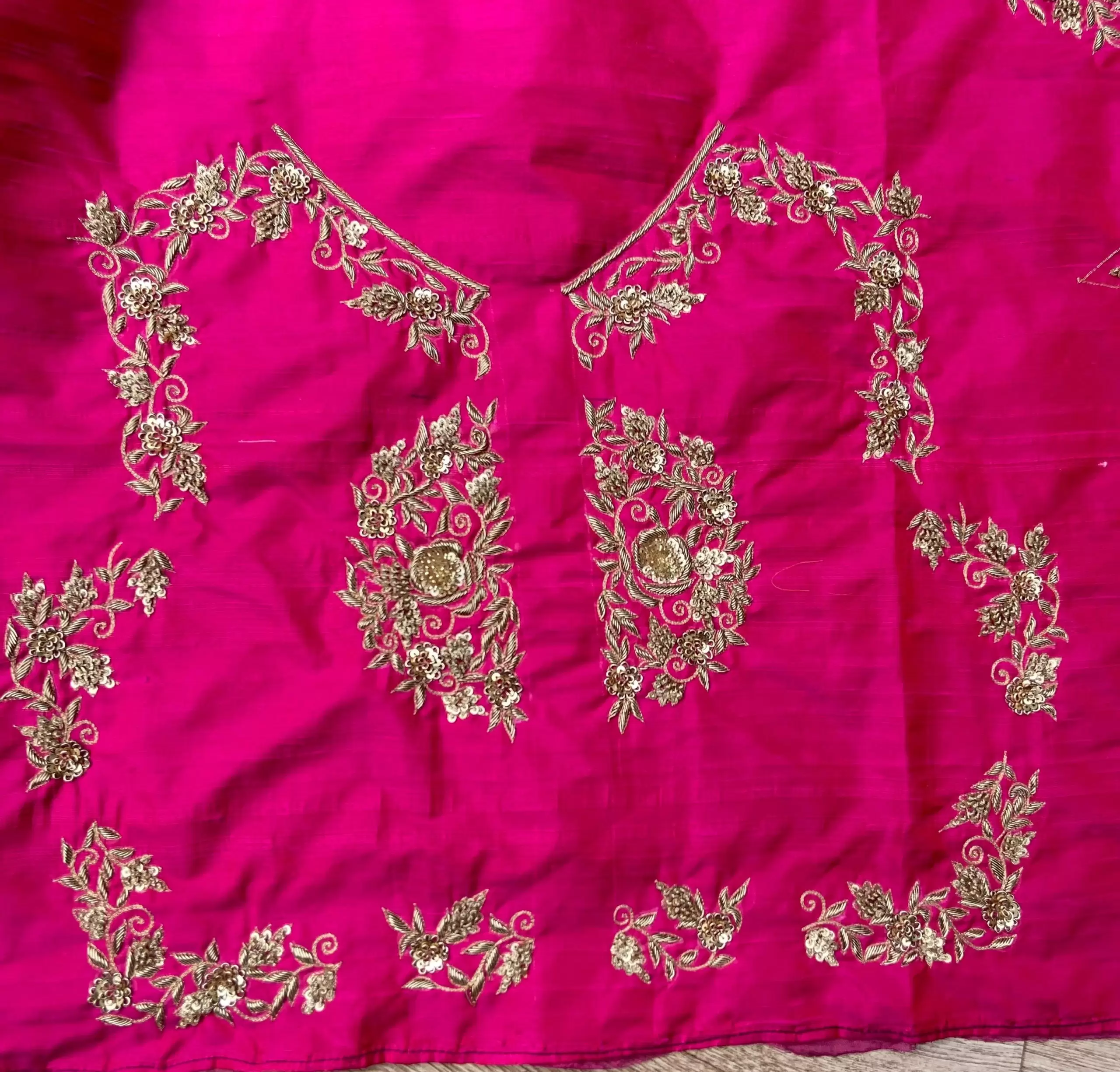 Heavy Zardozi Hand Embroidery On Pink Silk Unstitched Blouse Piece