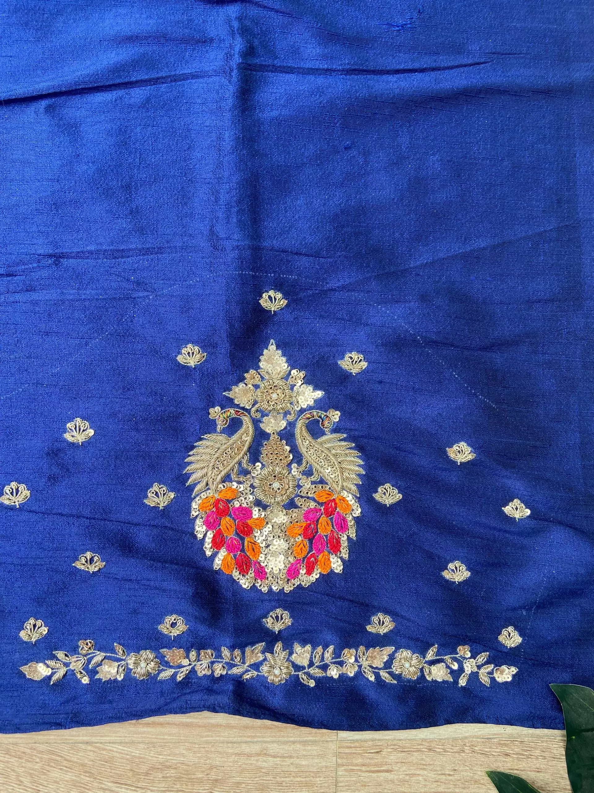 Heavy zardozi and Thread Embroidered On Navy Blue Silk Unstitched Blouse Piece
