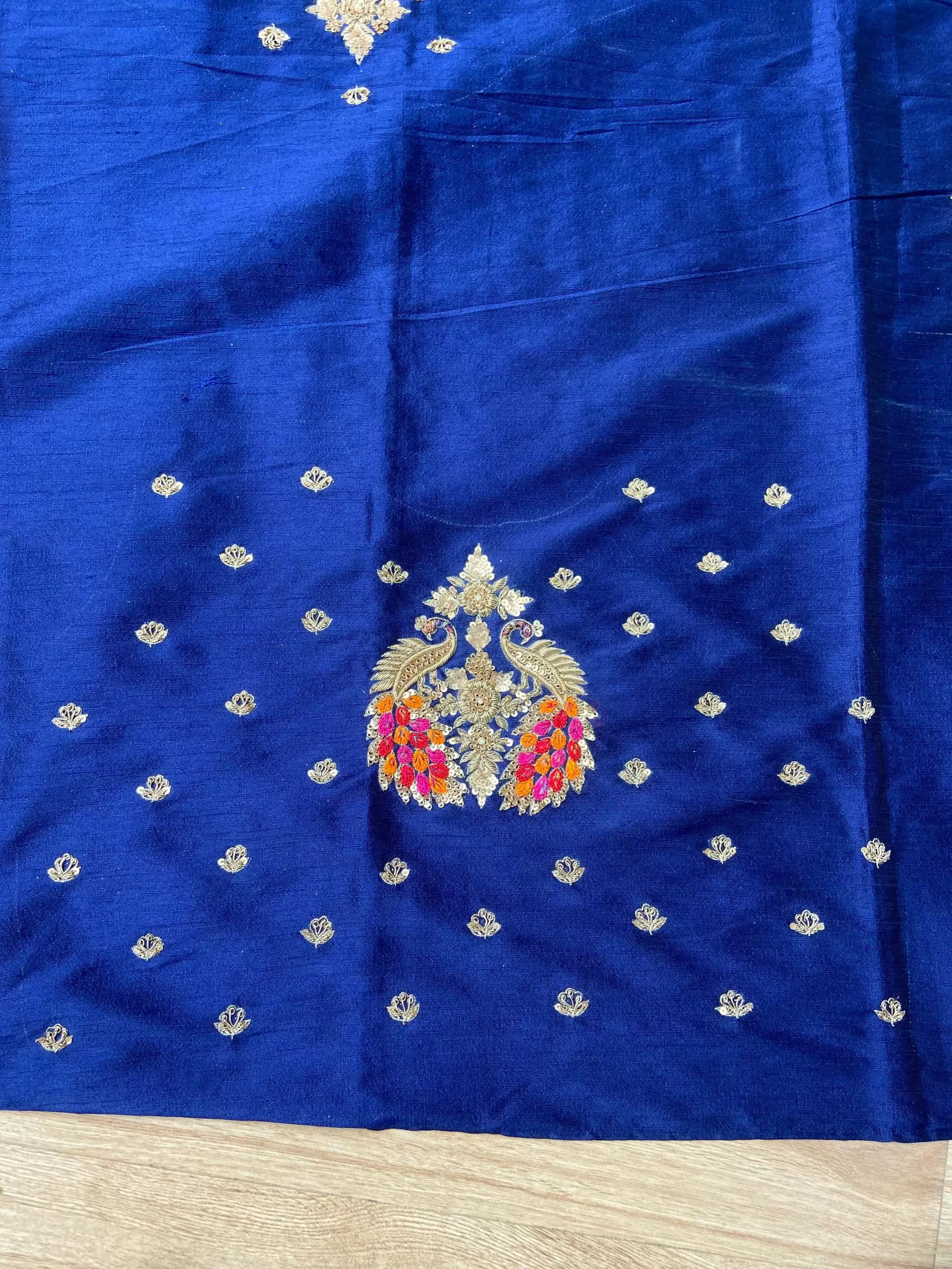 Heavy zardozi and Thread Embroidered On Navy Blue Silk Unstitched Blouse Piece
