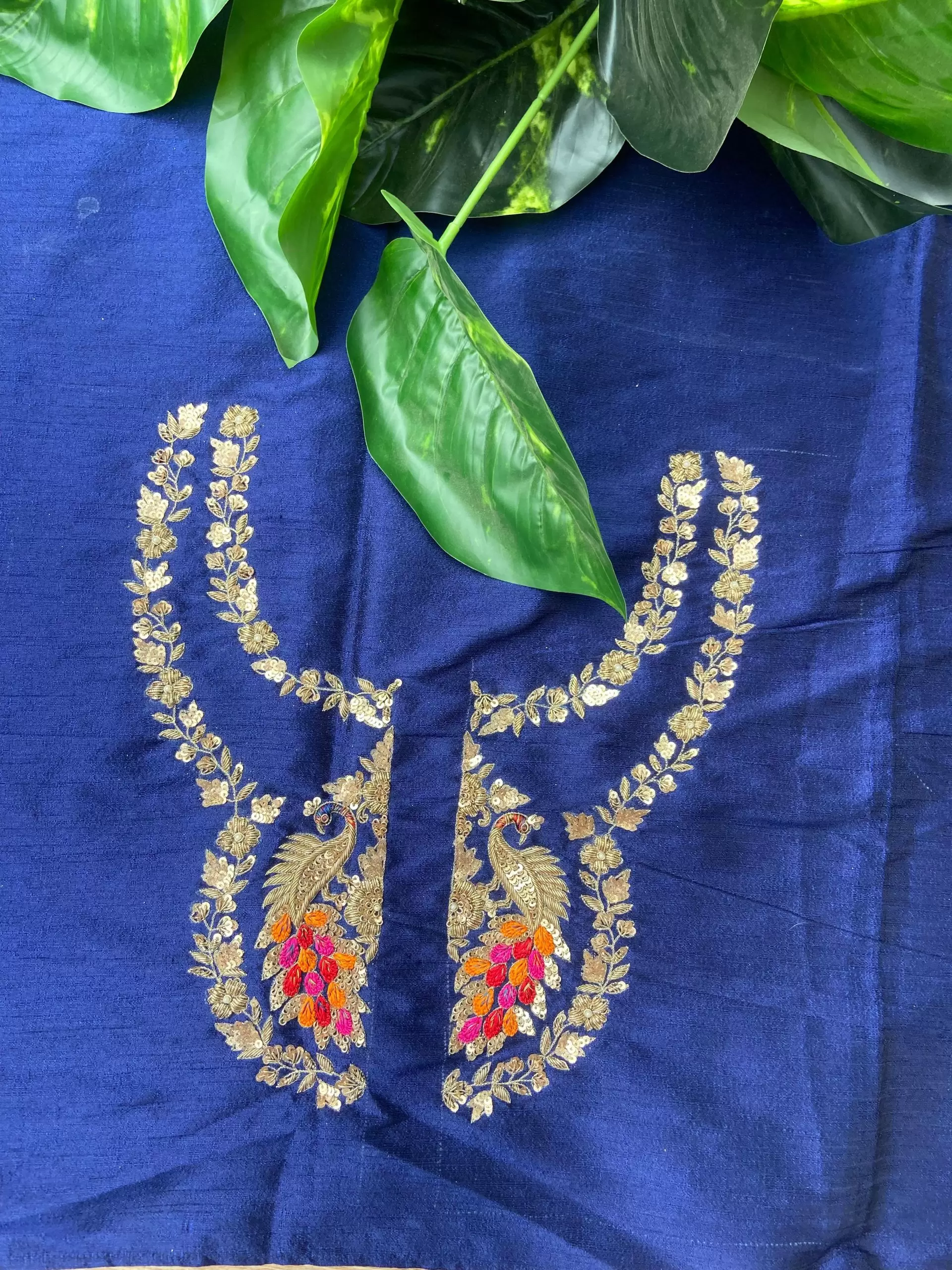 Heavy zardozi and Thread Embroidered On Navy Blue Silk Unstitched Blouse Piece