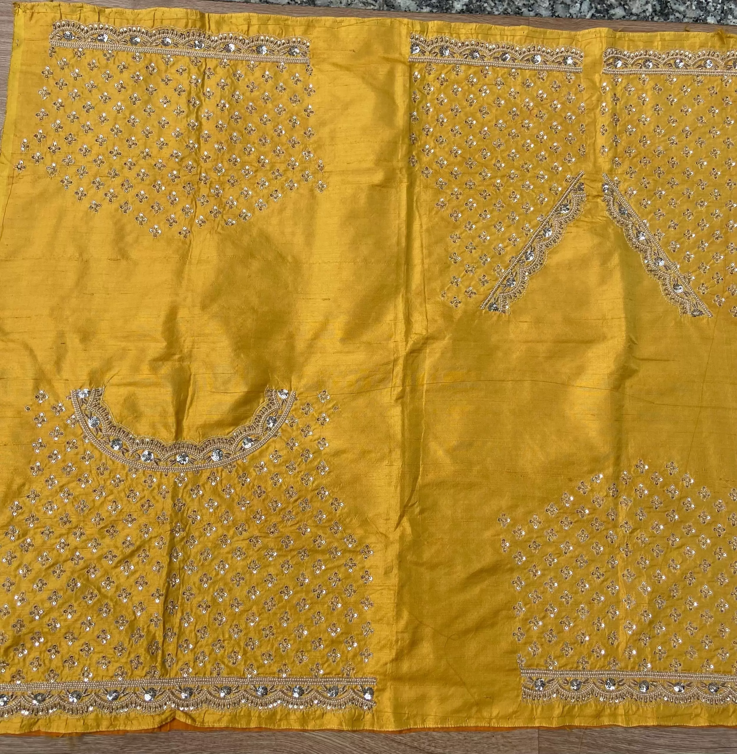 Heavy Zardozi Hand Embroidery On Neck & Buti Work All Over On Yellow Unstitched Silk Blouse Piece