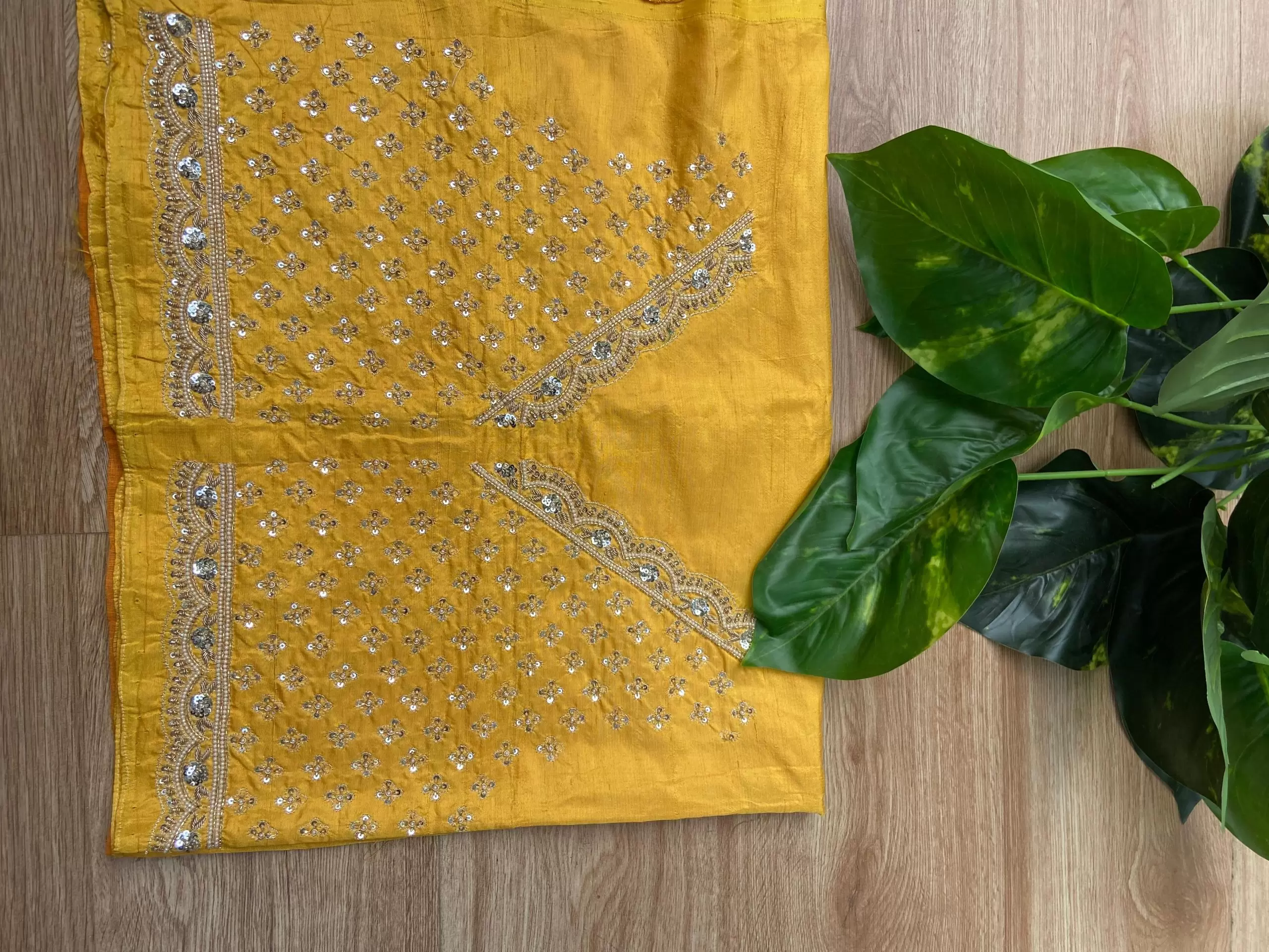 Heavy Zardozi Hand Embroidery On Neck & Buti Work All Over On Yellow Unstitched Silk Blouse Piece