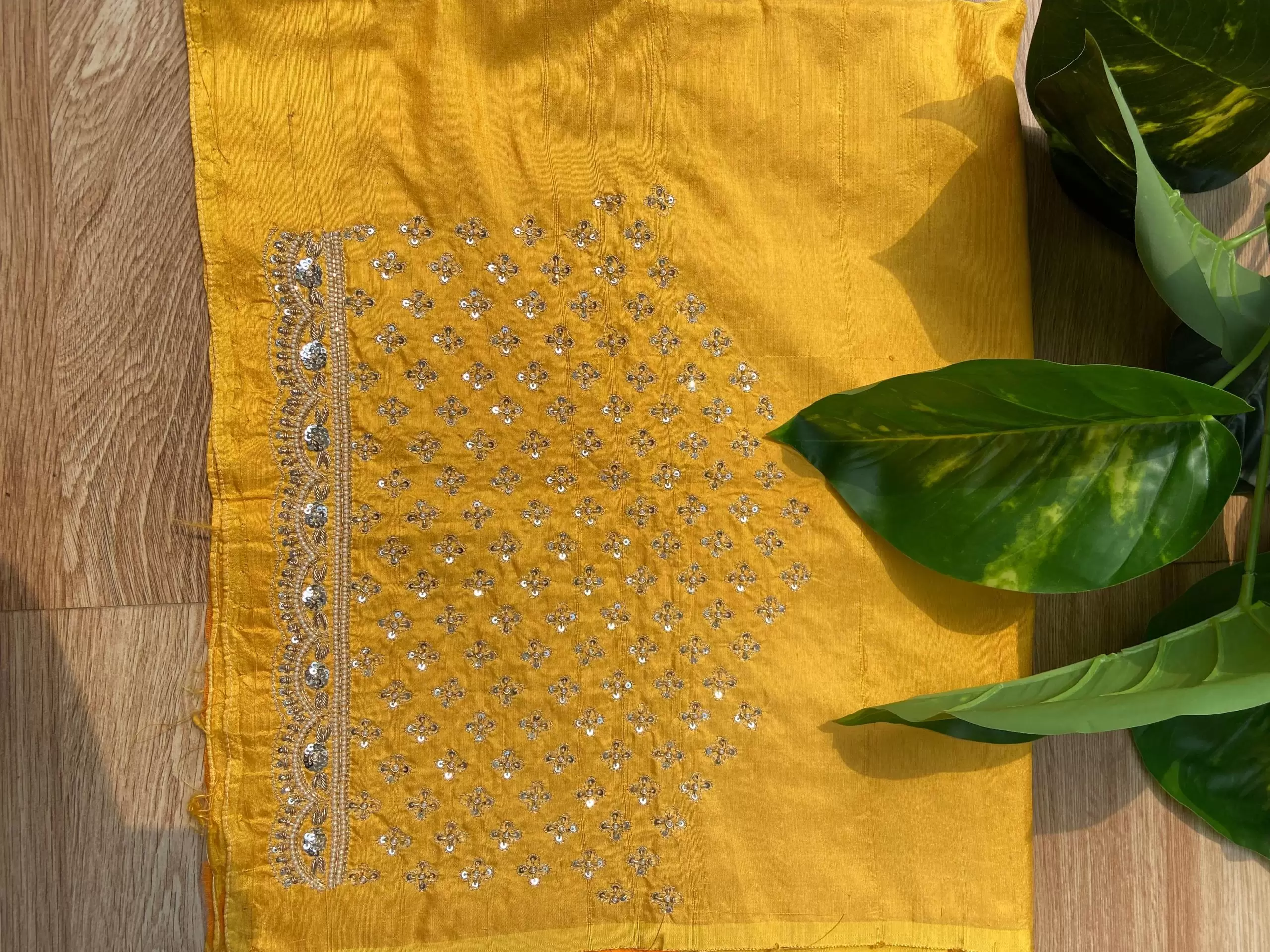 Heavy Zardozi Hand Embroidery On Neck & Buti Work All Over On Yellow Unstitched Silk Blouse Piece