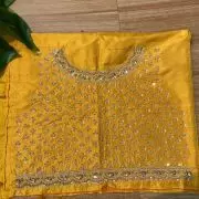 Heavy Zardozi Hand Embroidery On Neck & Buti Work All Over On Yellow Unstitched Silk Blouse Piece