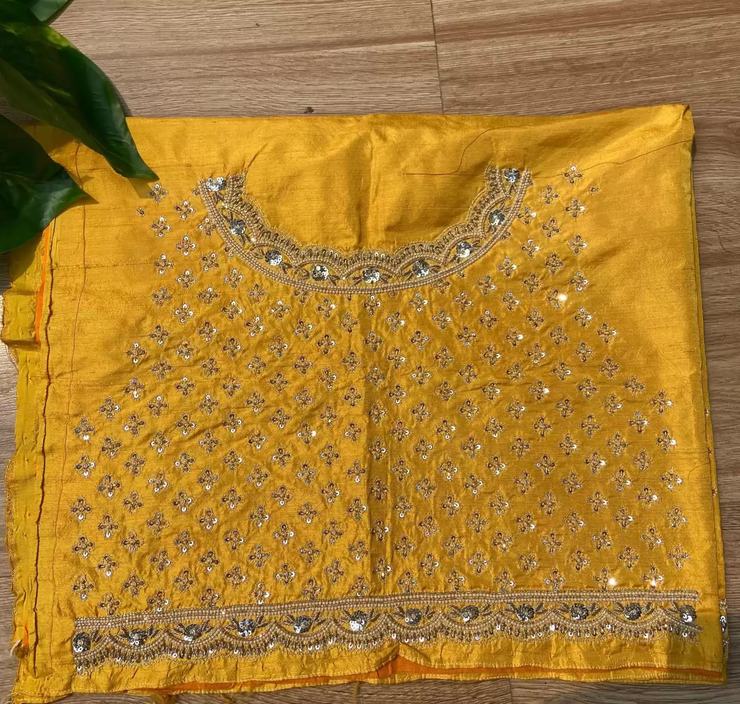 Heavy Zardozi Hand Embroidery On Neck & Buti Work All Over On Yellow Unstitched Silk Blouse Piece