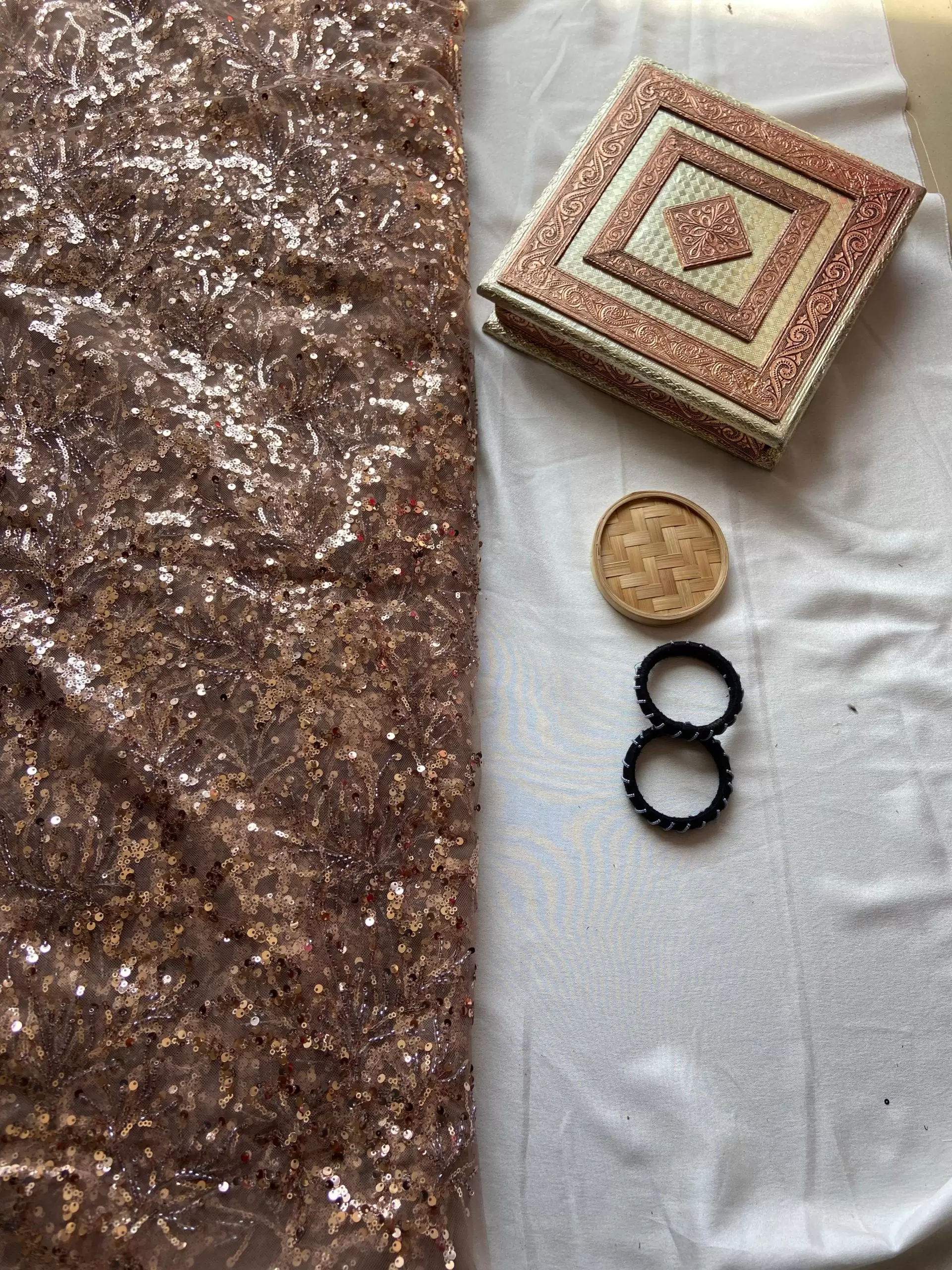 All Over Sequin & Cut Dana Embroidery On Golden Net Fabric