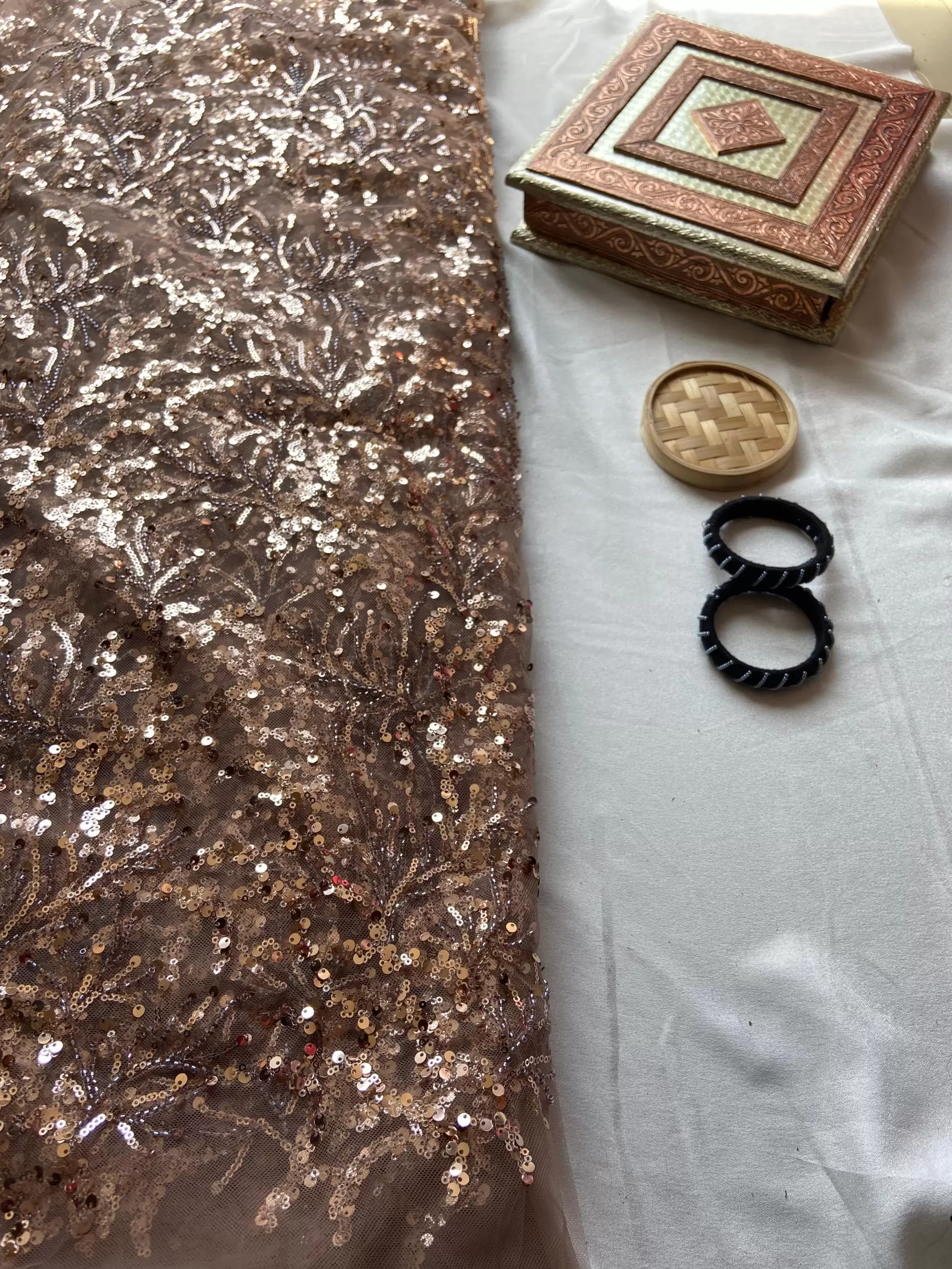 All Over Sequin & Cut Dana Embroidery On Golden Net Fabric