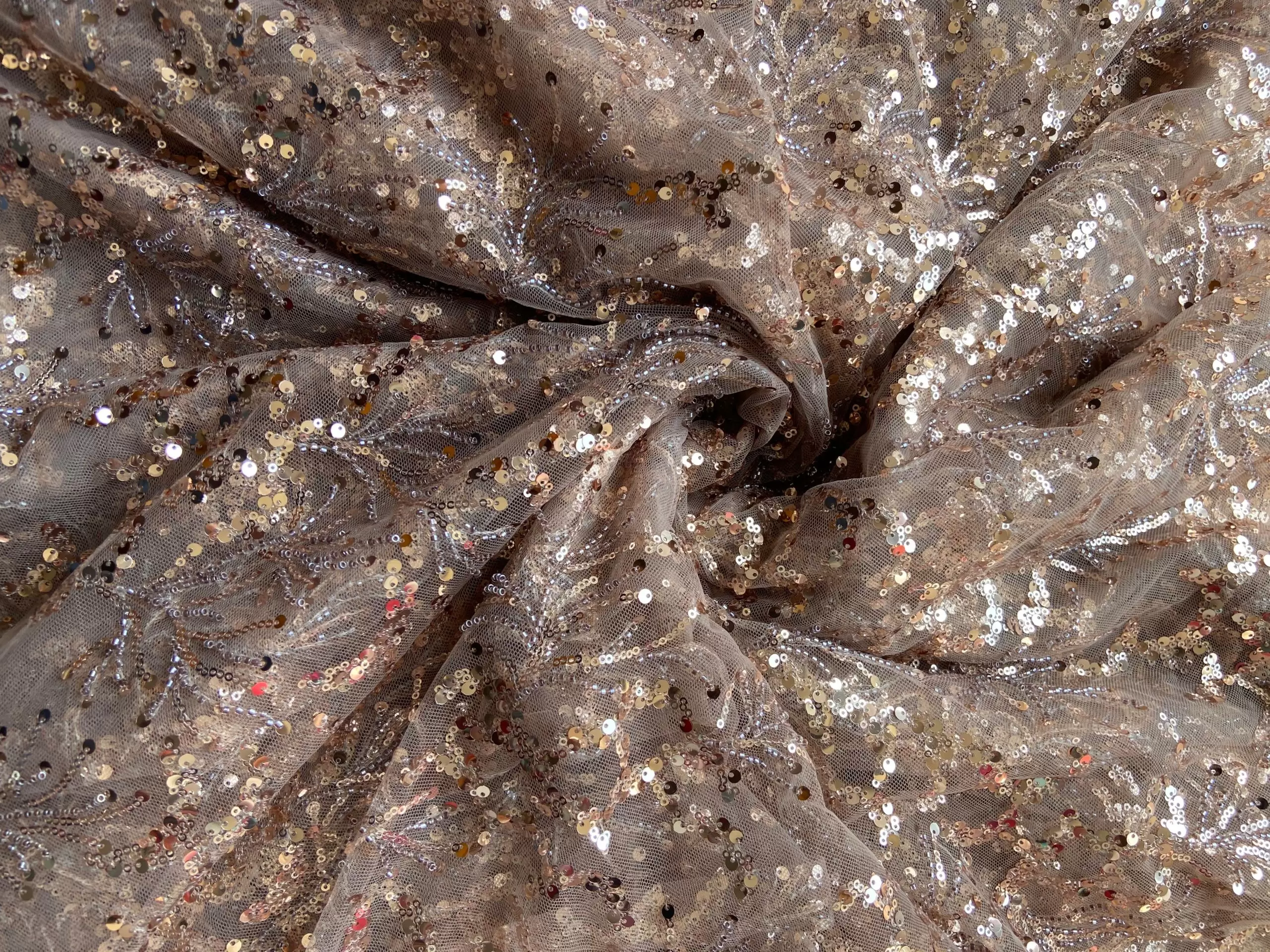 All Over Sequin & Cut Dana Embroidery On Golden Net Fabric