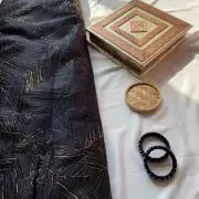 Black Crushed pleated fabric in abstract design with Gold foil detailing