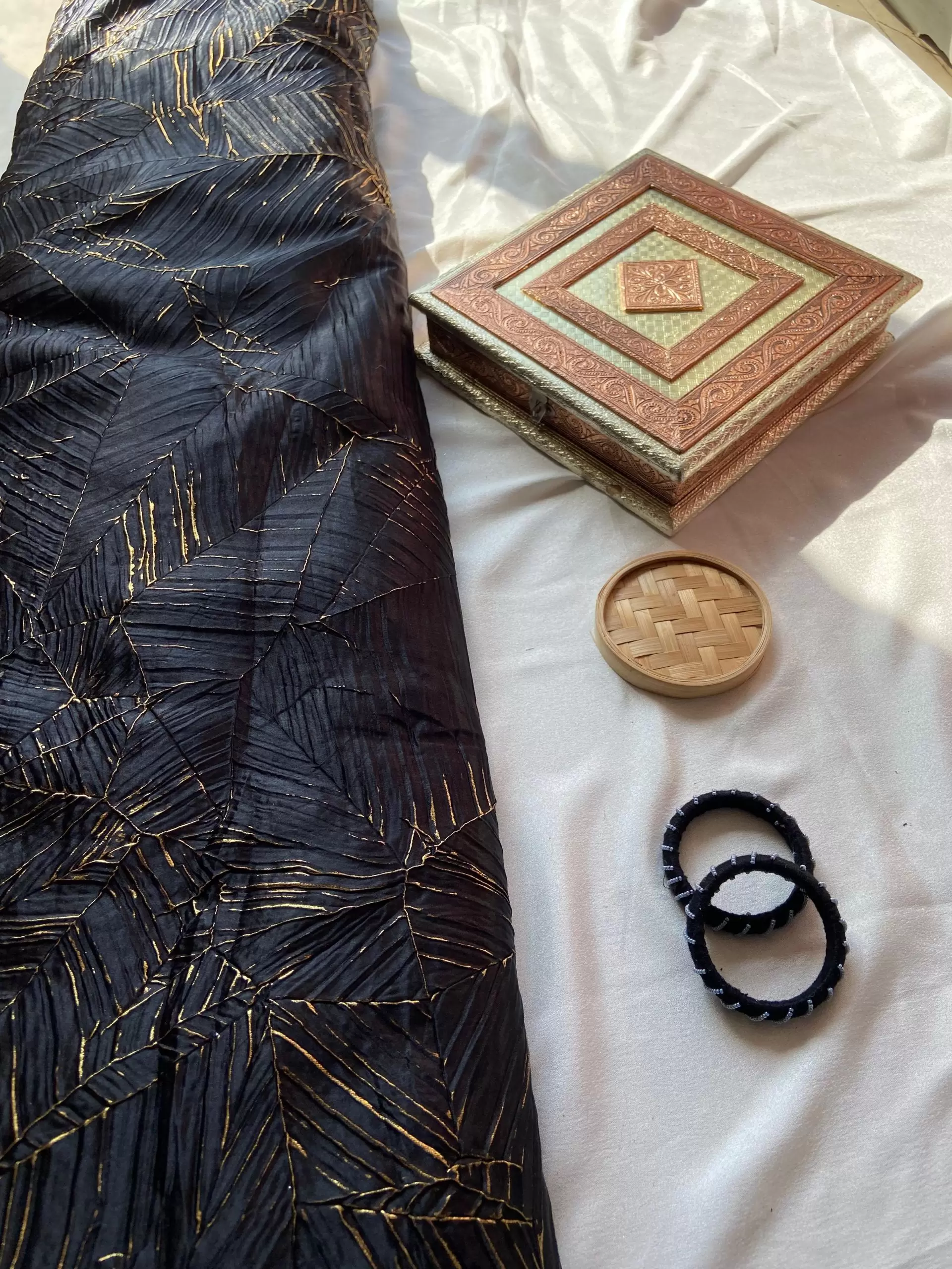 Black Crushed pleated fabric in abstract design with Gold foil detailing