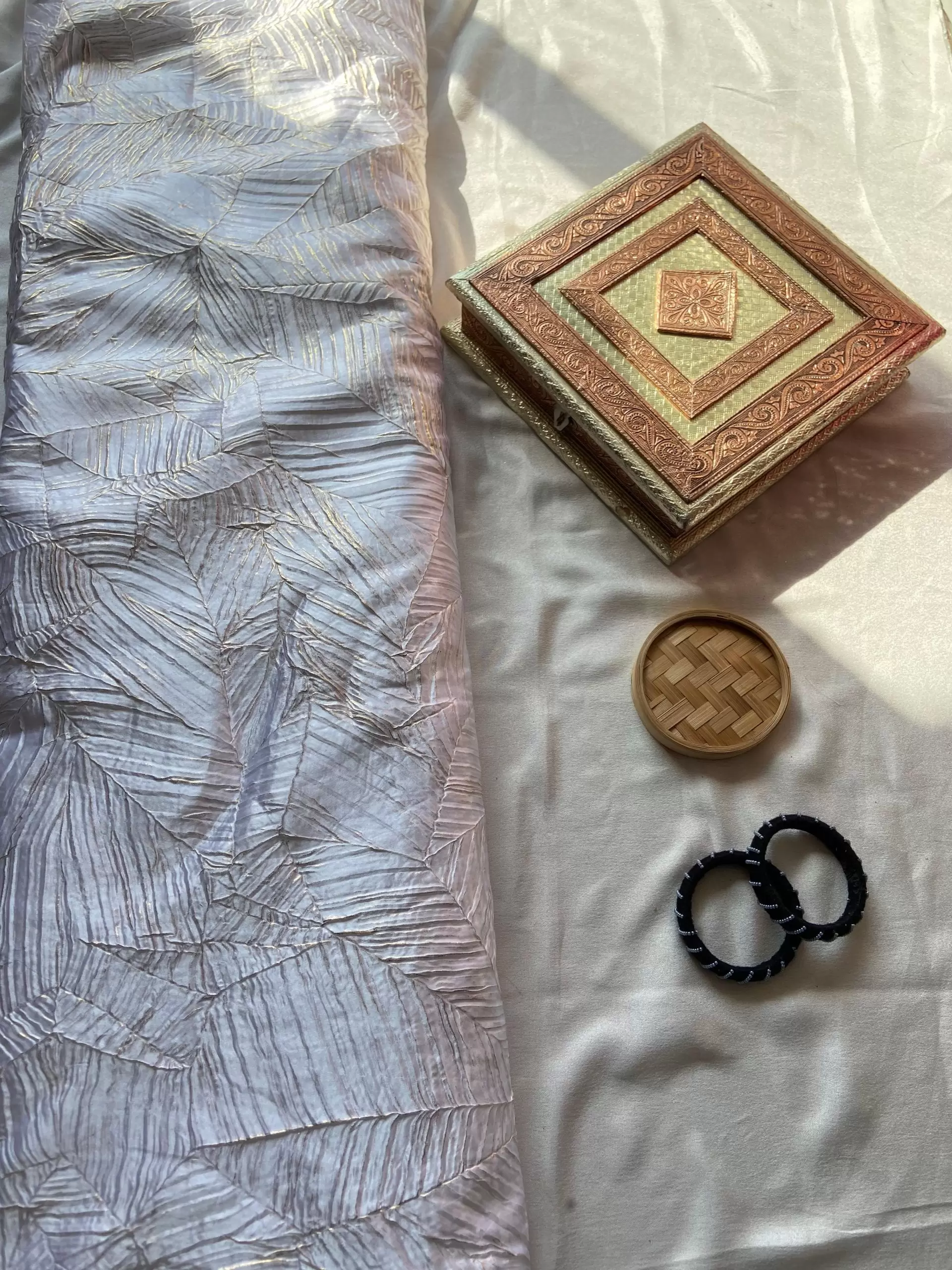 White Crushed pleated fabric in abstract design with Gold foil detailing