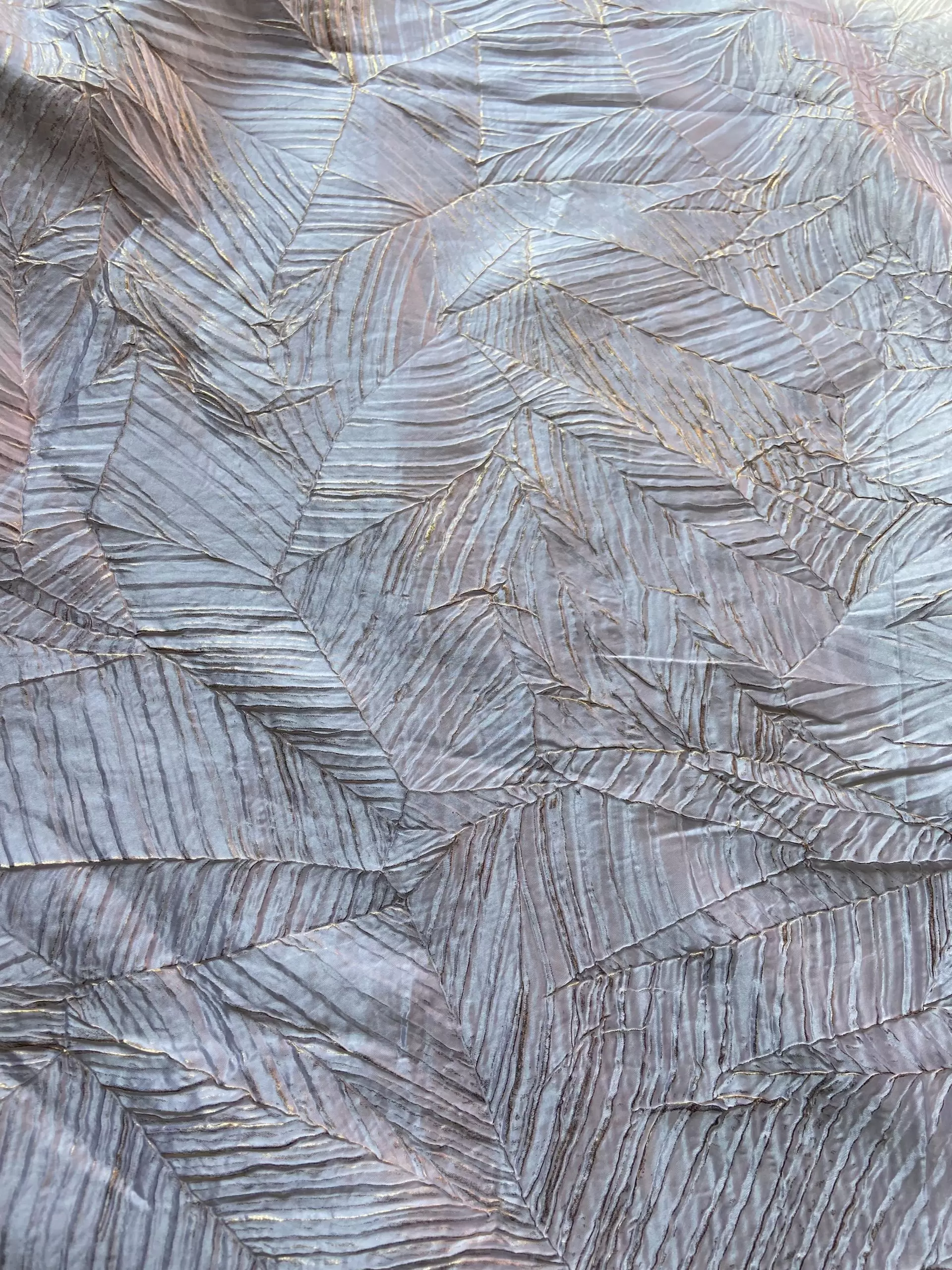 White Crushed pleated fabric in abstract design with Gold foil detailing